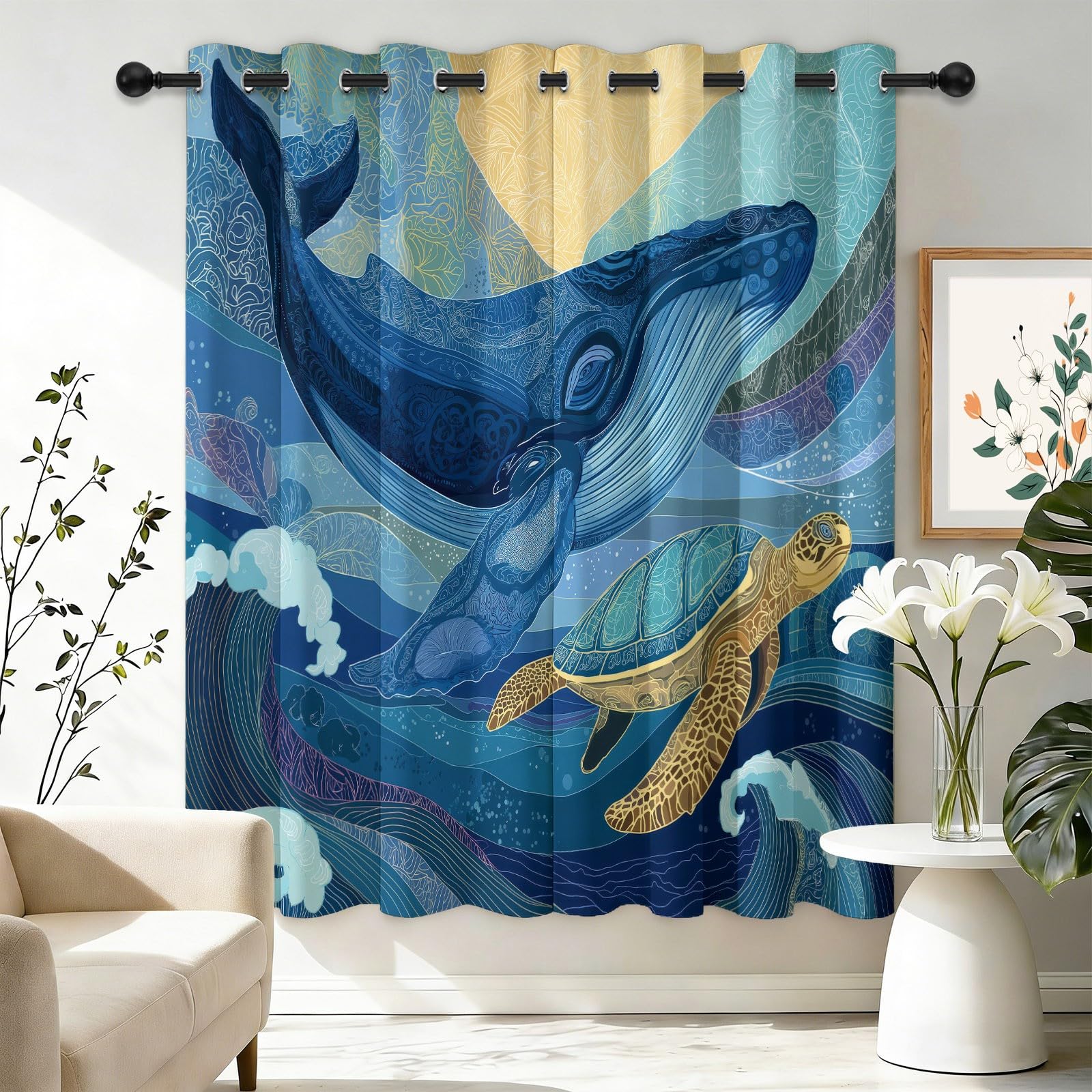 Rideaux occultants 117x183 cm ocean baleine en lot de 2 pour la decoration de chambre d'enfant