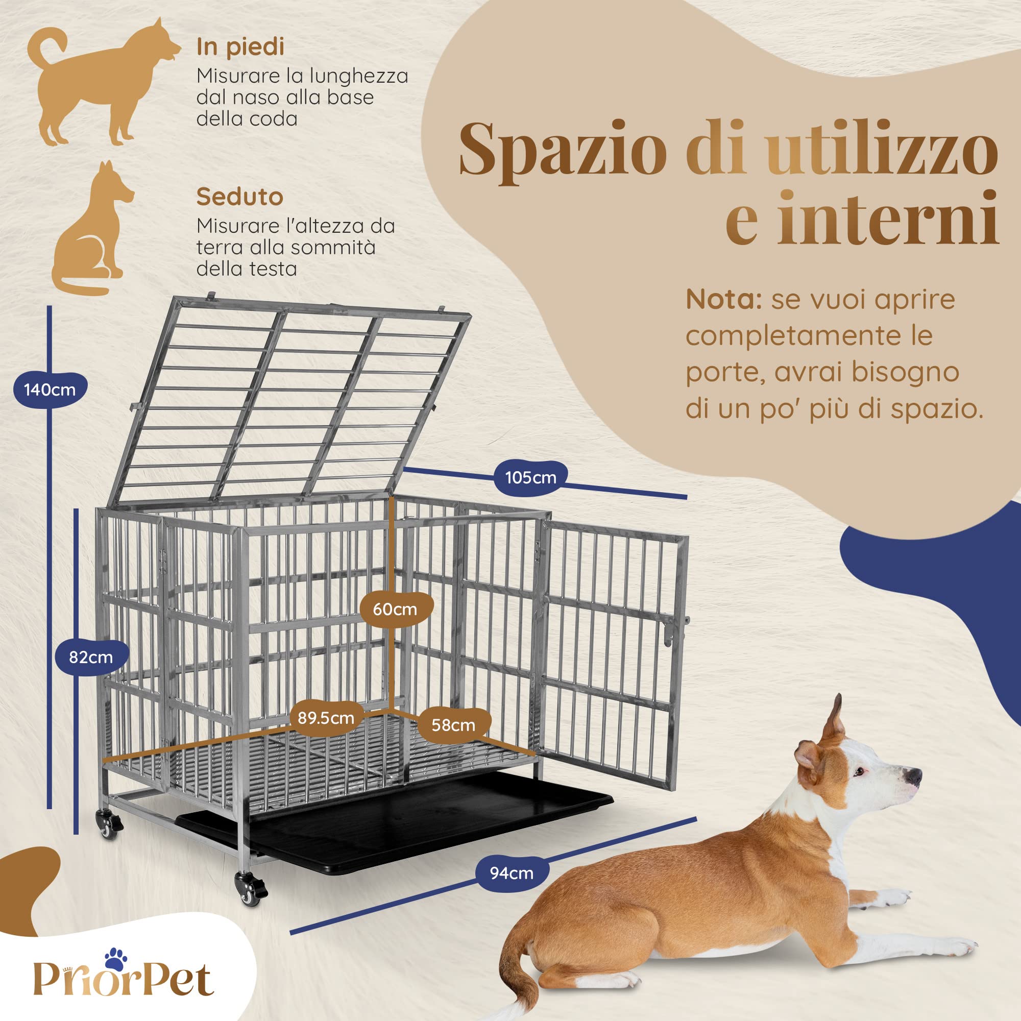 PRIORPET Solida Gabbia per Cani - Design Pieghevole e Facile da Montare per Un Agevole Trasporto - Doppia Serratura per Una Maggiore Sicurezza - Vassoio Rimovibile per Una Rapida Pulizia