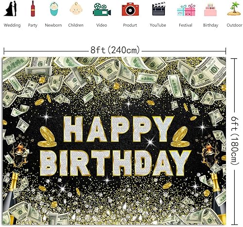 Miniatura 6 de Telón de fondo de cumpleaños de 8 x 6 pies, color negro, dorado, con purpurina, diamante, fondo champán, casino, 16, 18, para niños, niñas,