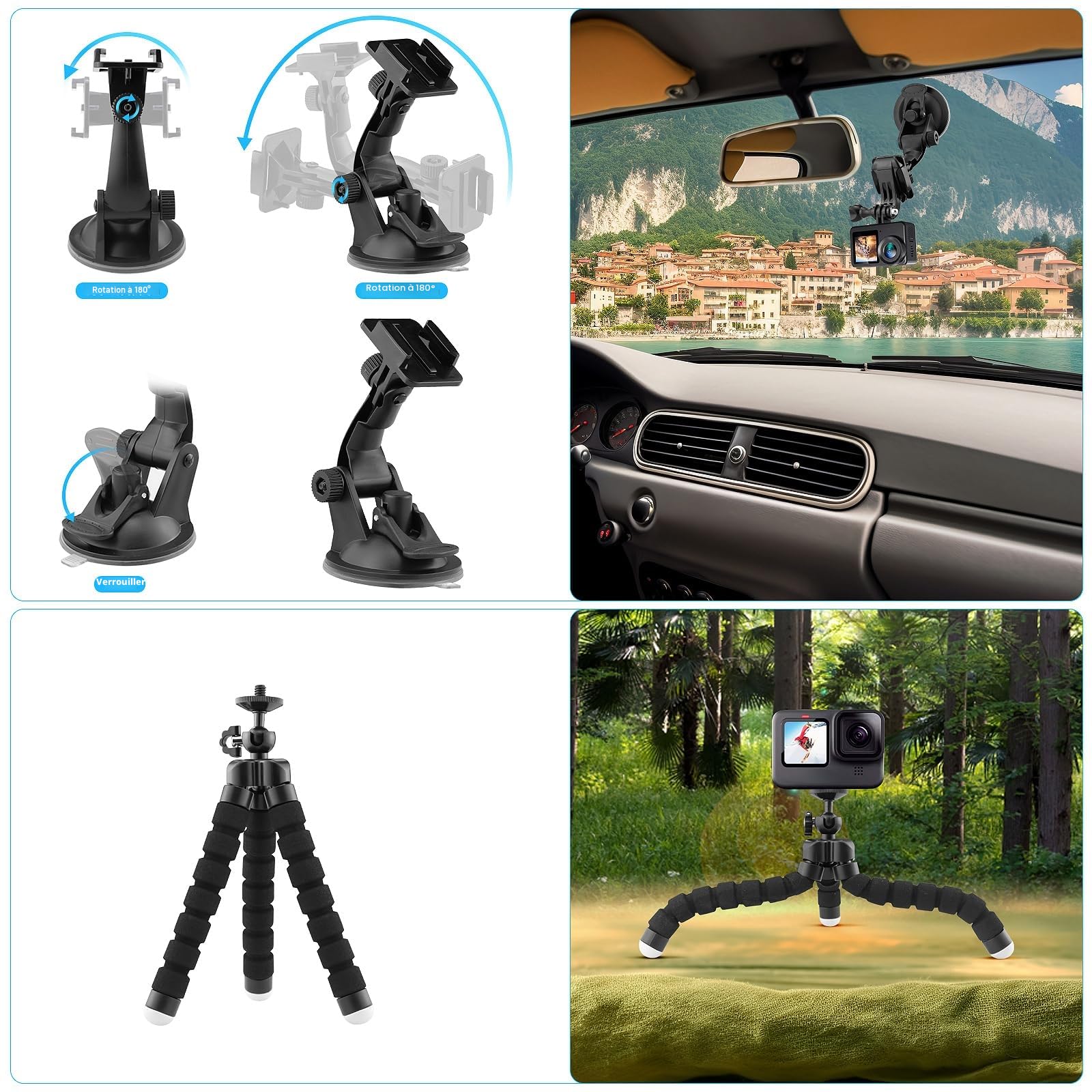 Kit Accessoires Caméra Sport 38-en-1, Compatible avec GoPro Hero 13/12/11/10/9/8/7, AKASO, Apexcam, Campark, Crosstour, APEMAN, SJCAM, Support Vélo, Poitrine, Tête, Poignet, Ventouse, Trépied