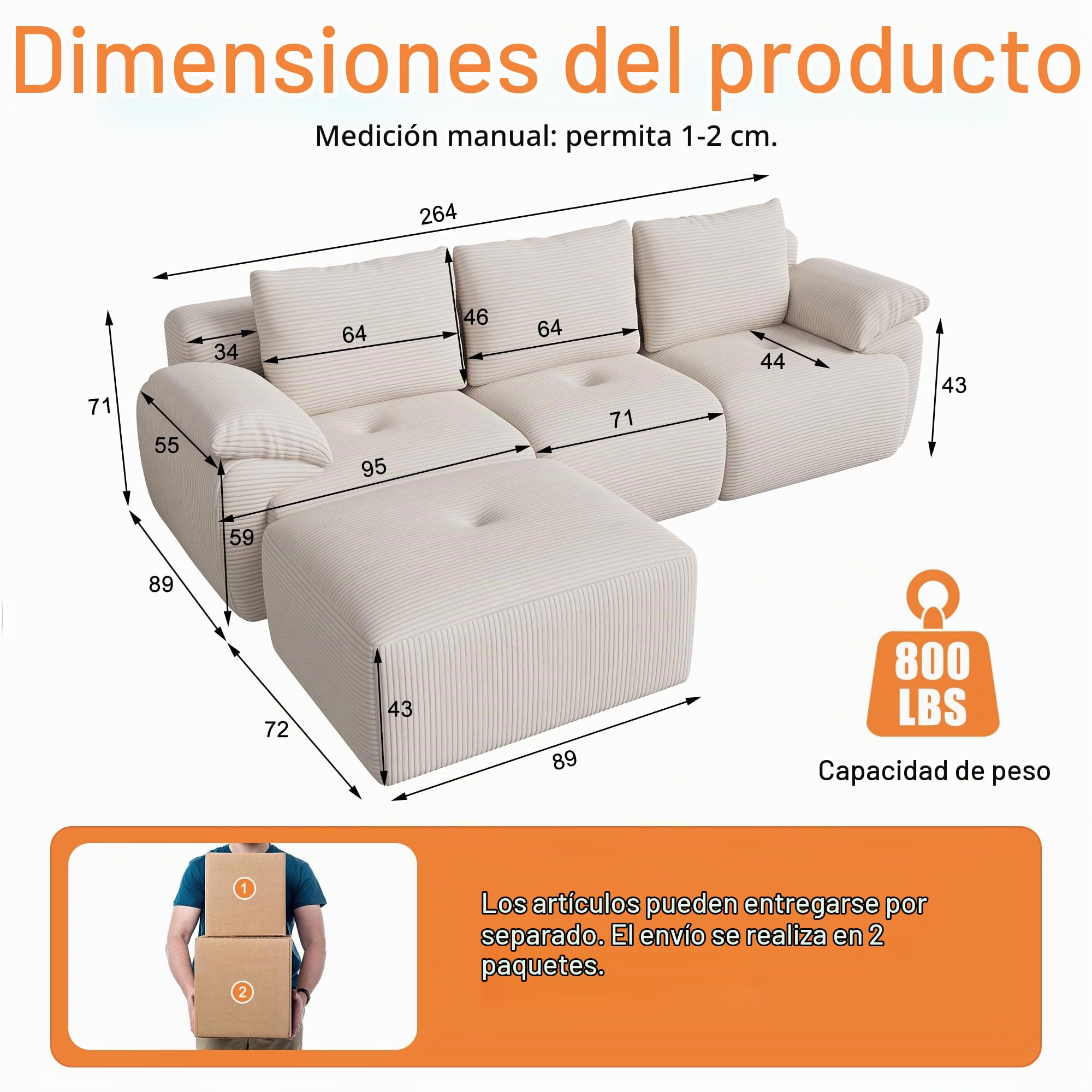 Sofá de esquina en forma de L, modular de 3 plazas, sofá apilable, combinable de forma flexible, tapizado en terciopelo acanalado, beige