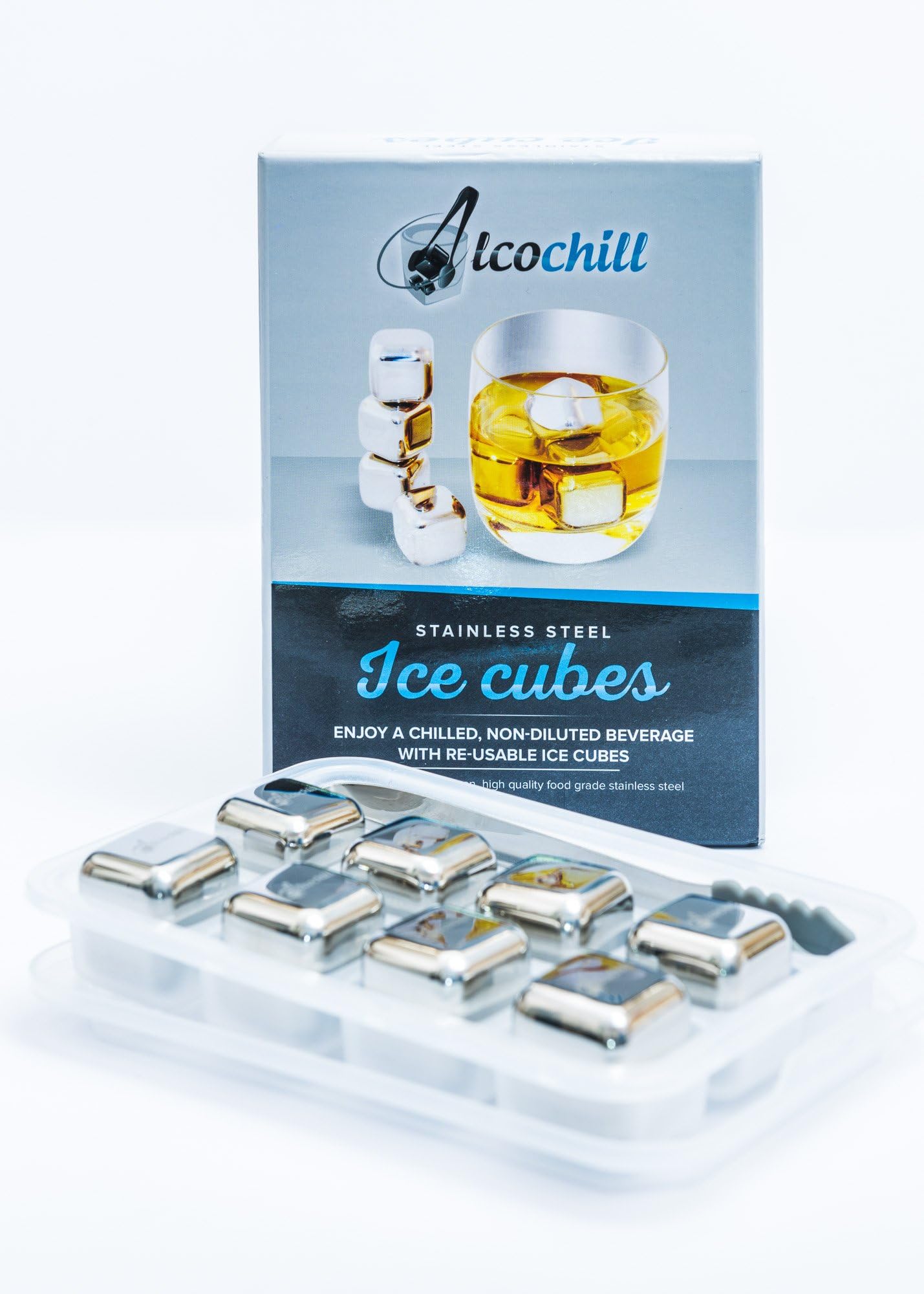 Set of 8 Metal Stainless Steel Reusable Ice Cubes Chilling Whiskey Stones with Freezer Storage Tray & Gift Box, Whisky Sipping Rocks