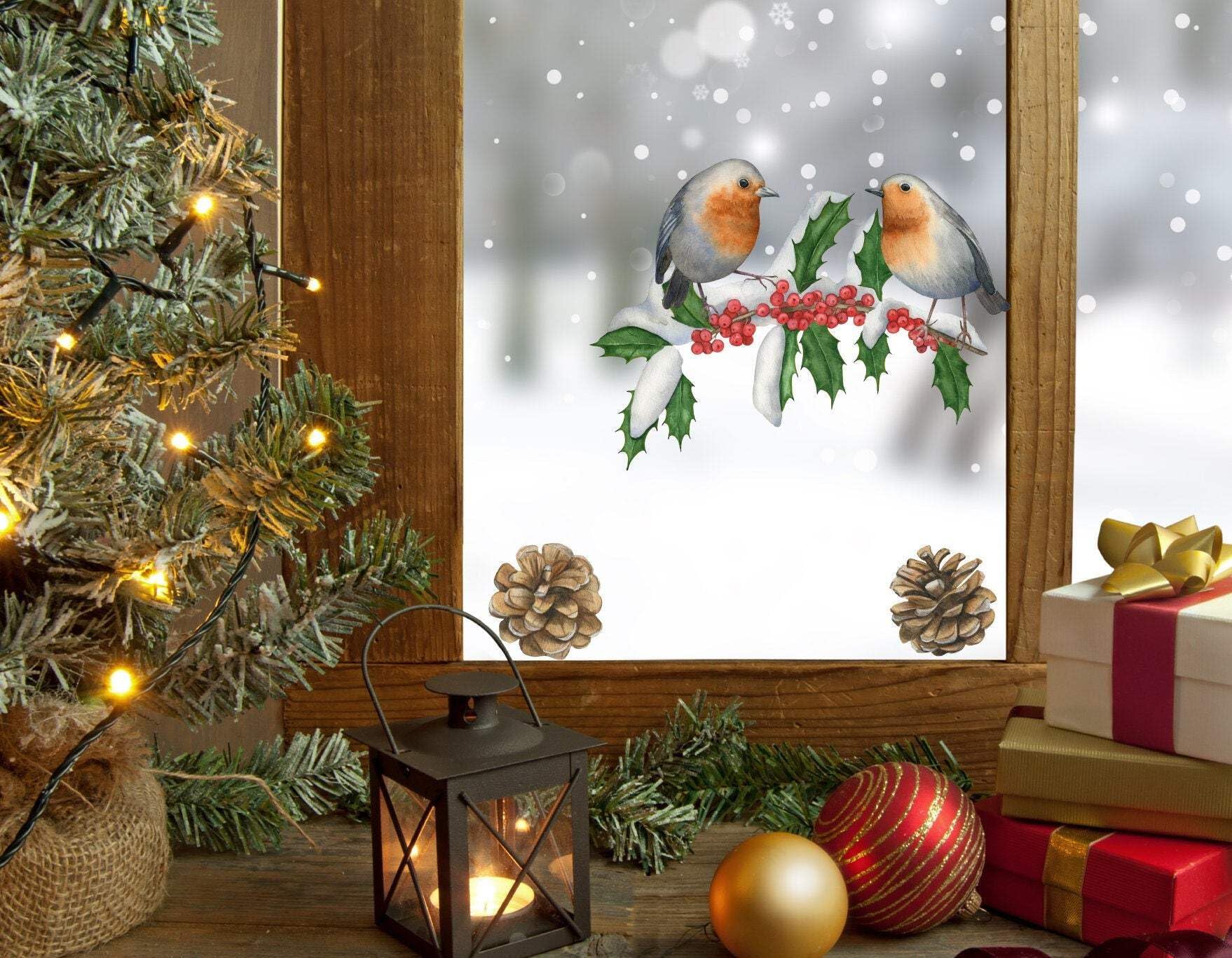 Quotemywall Robin Branch Quote My Wall Christmas Robins Holly Branch Pine Cones - Snowy Decorations For Home Shop Windows For Kids, Children's Festive Holiday Art Removable (Robin Branch)