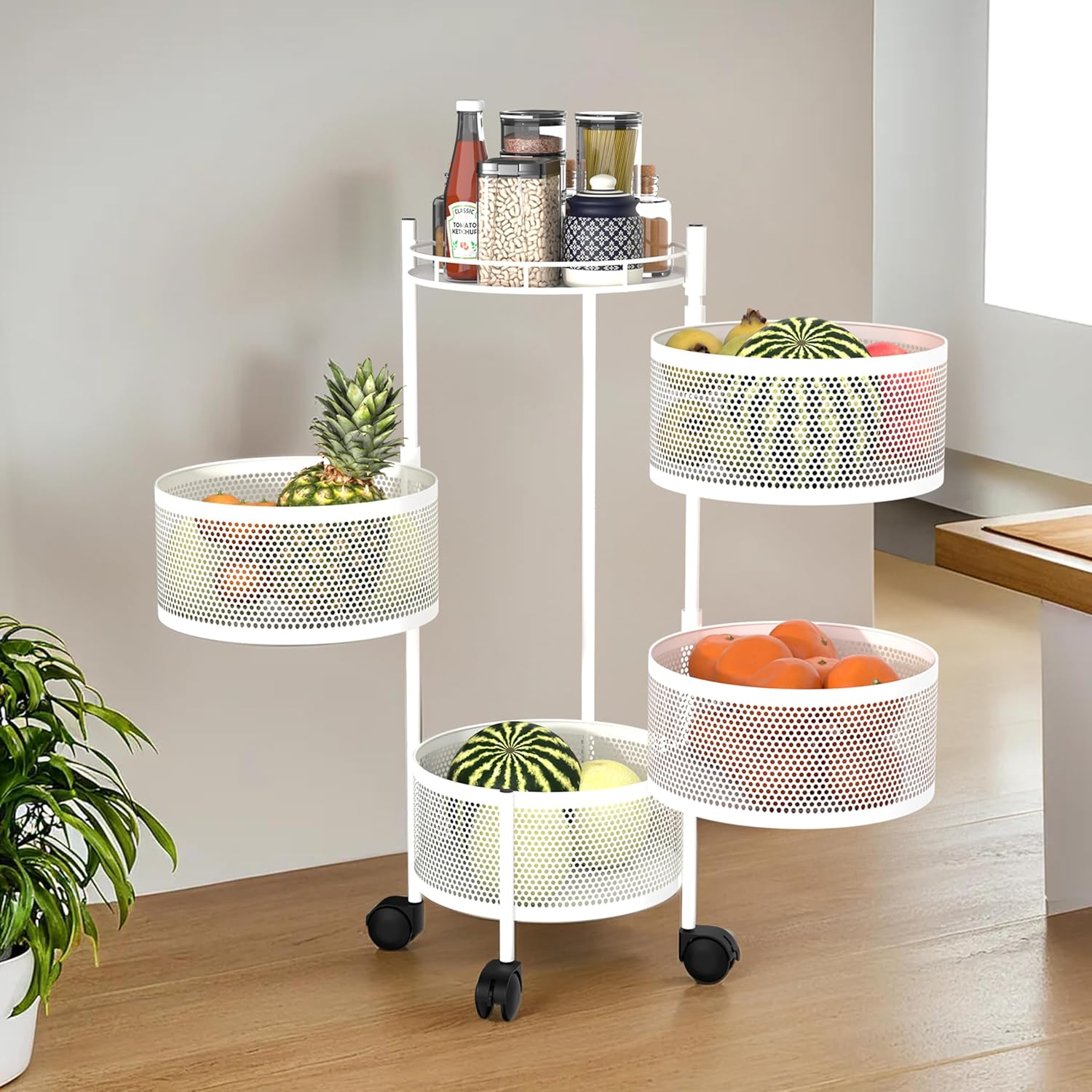 Fun Homes Kitchen Storage Rack | 4-Tier Round Multipurpose Storage Trolley with Wheels | Rotating Vegetable Rack | Metal Fruit Rack | White Fun Homes Kitchen Storage Rack | 4-Tier Round Multipurpose Storage Trolley with Wheels | Rotating Vegetable Rack | Metal Fruit Rack | White