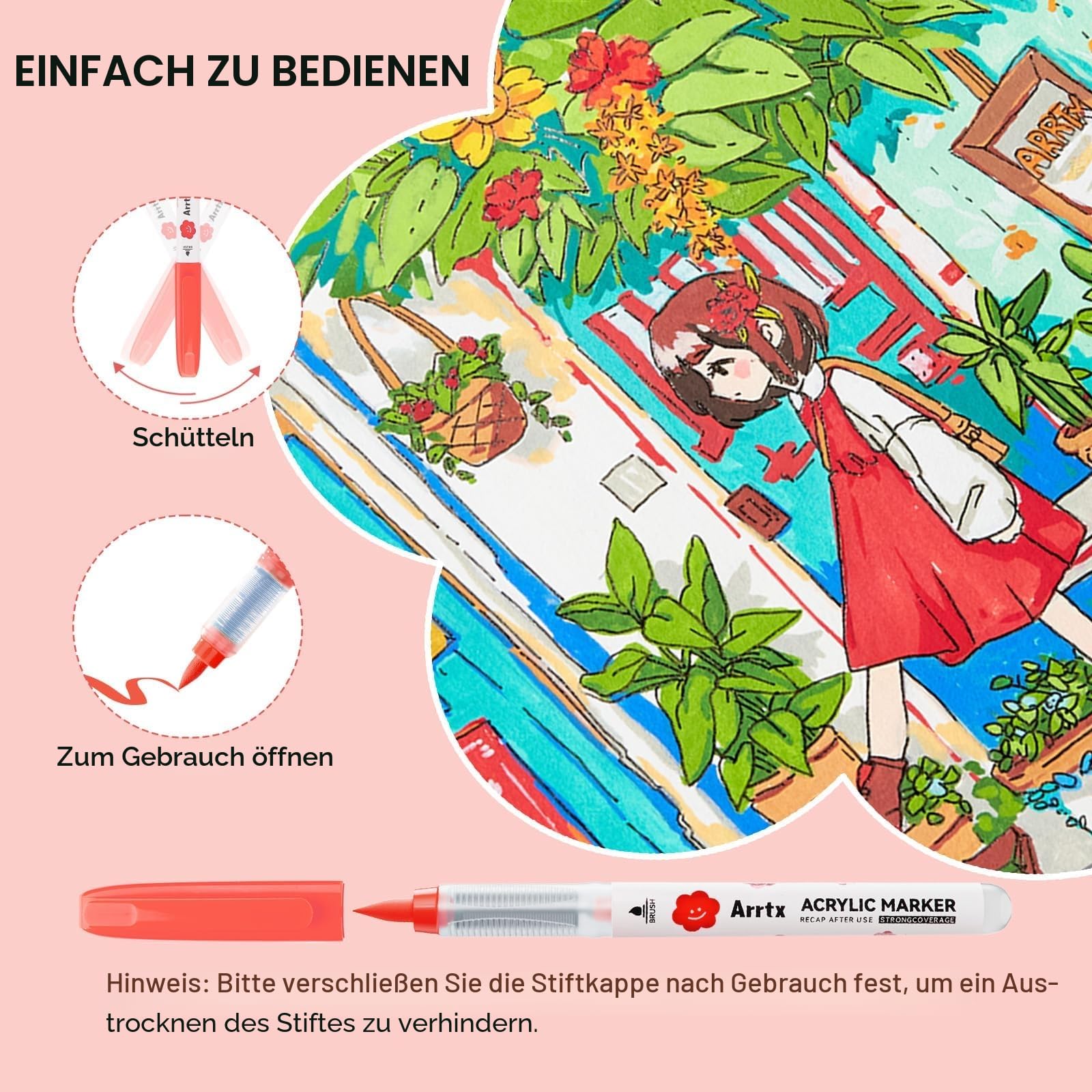 Arrtx Acrylstifte für Steine Wasserfest, 60 Farben Acrylstift Pinsel Spitze, Acryl-Marker, Schnelltrocknend und Ungiftig, Kunstbedarf für Stein, Glas, Ei, Holz, Met, Keramik, DIY Handwerk