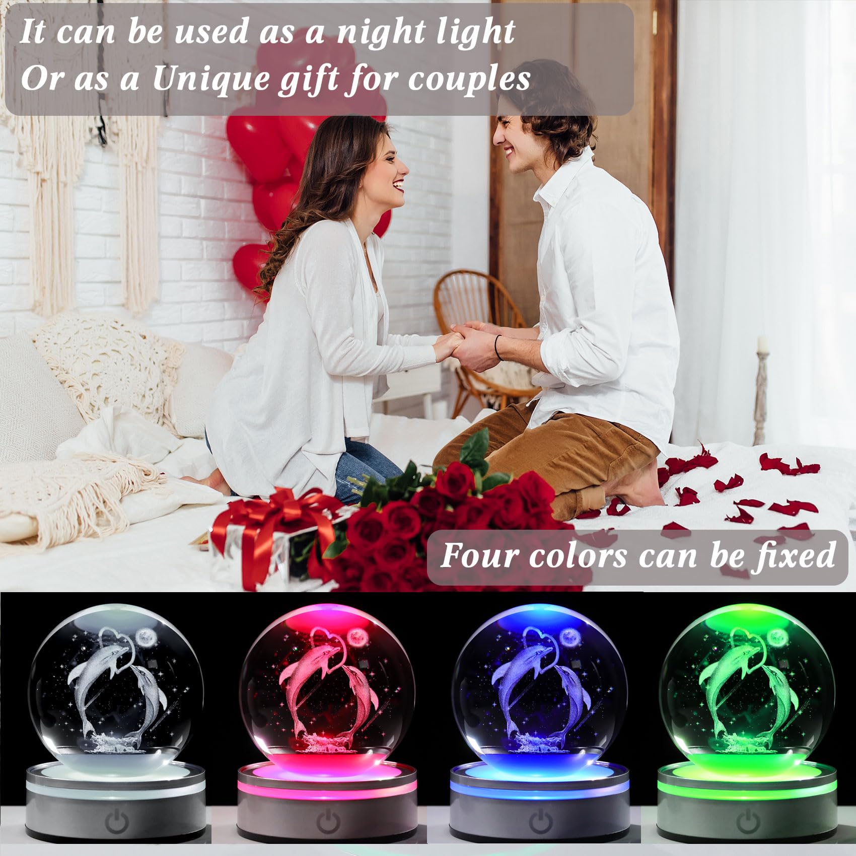 Movdyka Boules à neige en forme de dauphin en forme de cœur en forme de boule de cristal 3D pour décoration de maison ou de bureau - 8 cm