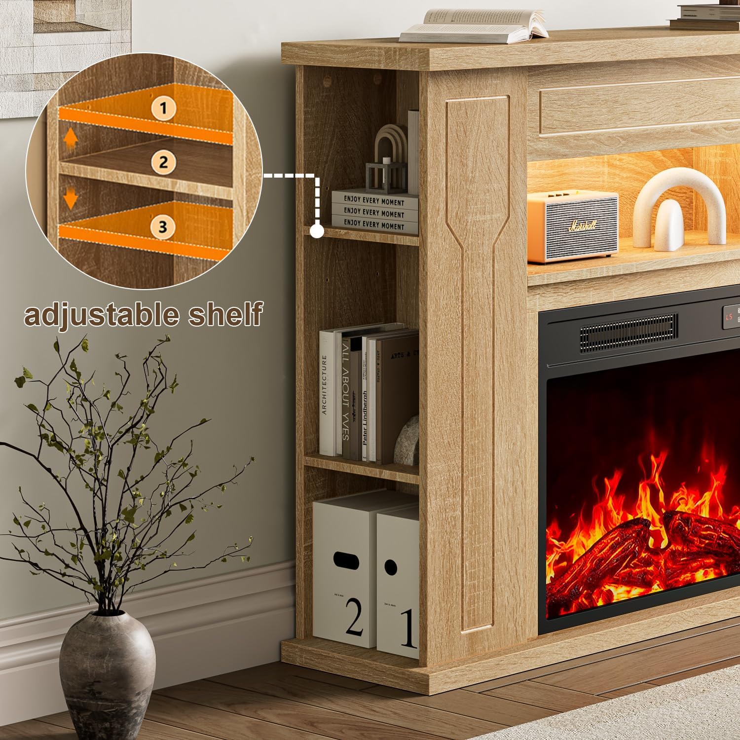 Ofika 43” Electric Fireplace with Mantel, Solid Wood Modern TV Stand with Fireplace Freestanding Entertainment Center with Storage Compartment, 23" Fireplace Insert Heater for Living Room，Wood
