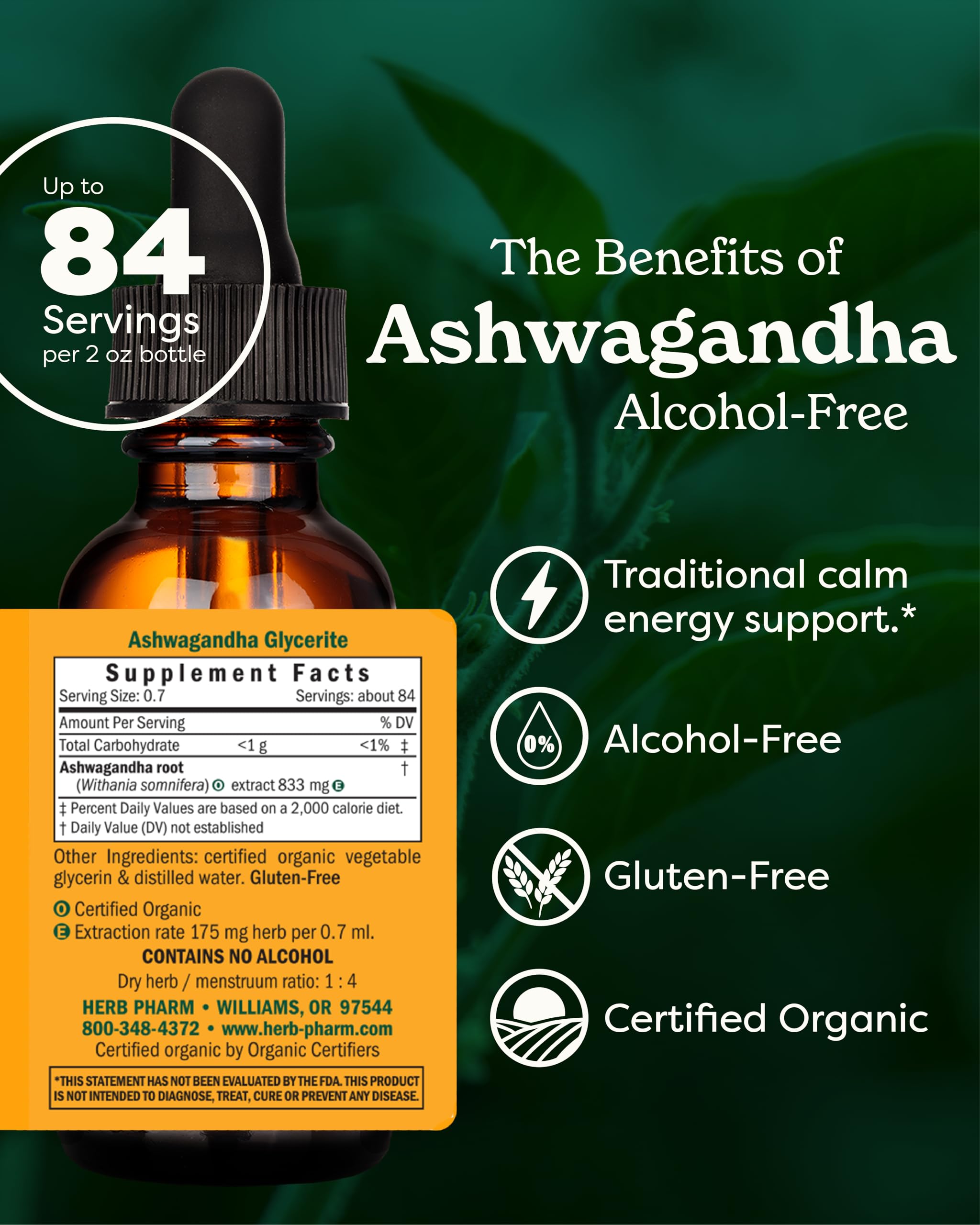 Herb Pharm Certified Organic Ashwagandha Extract Drops for Traditional Support for Energy and Vitality, Alcohol-Free Glycerite, 2 Oz