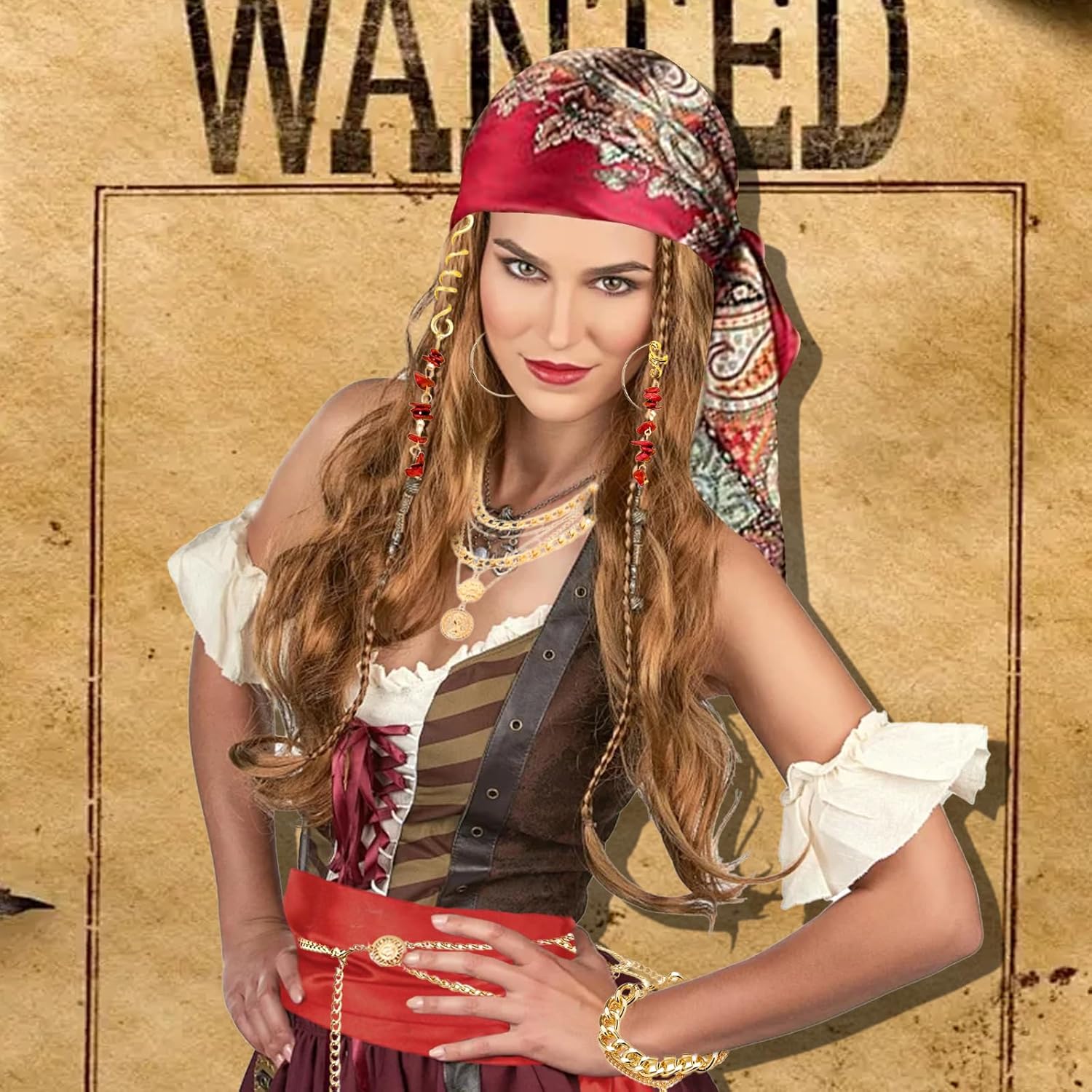 10 Pcs Pirate Costume Accessories Women, Pirate Role Play Outfit with Headscarf Waist Belt Necklace Bracelets Eye Mask Earrings for Halloween, Cosplay Party - Image 8