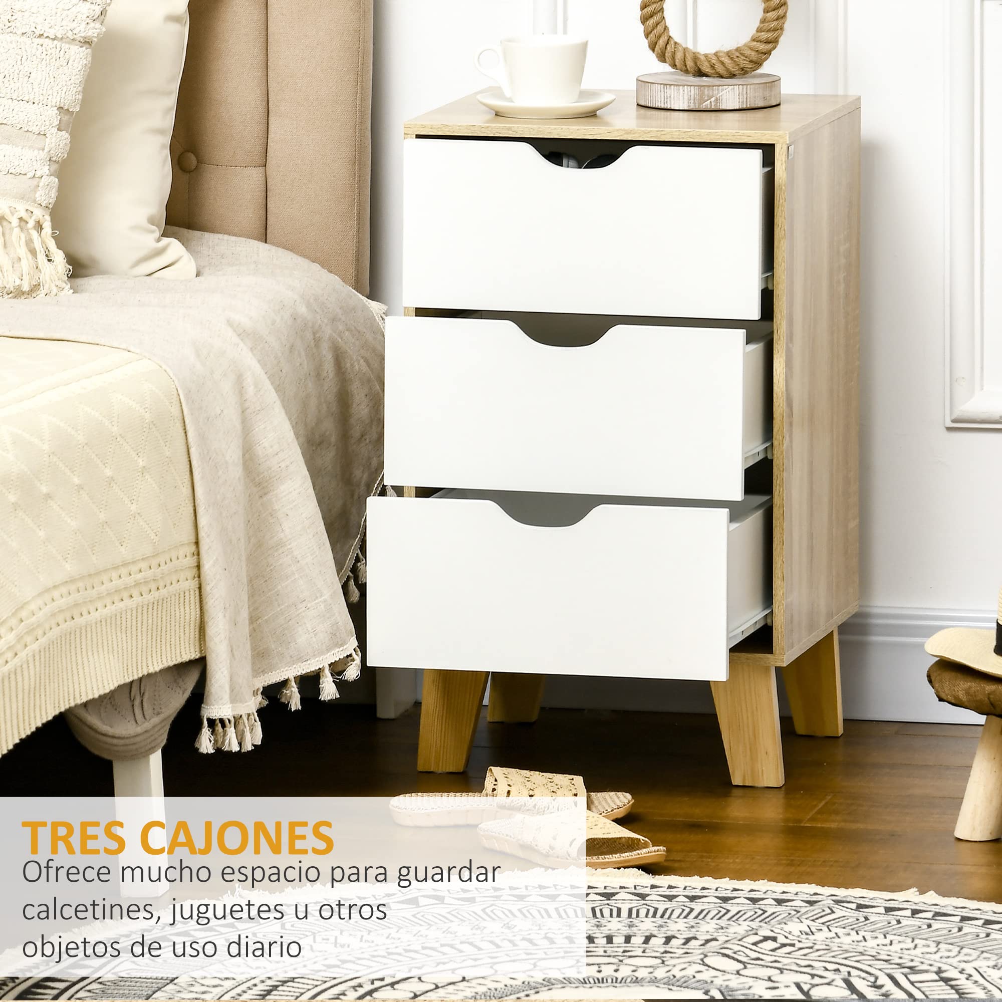 HOMCOM Cómoda con 3 Cajones Base Elevada 40x35x68,5 cm Natural y Blanco
