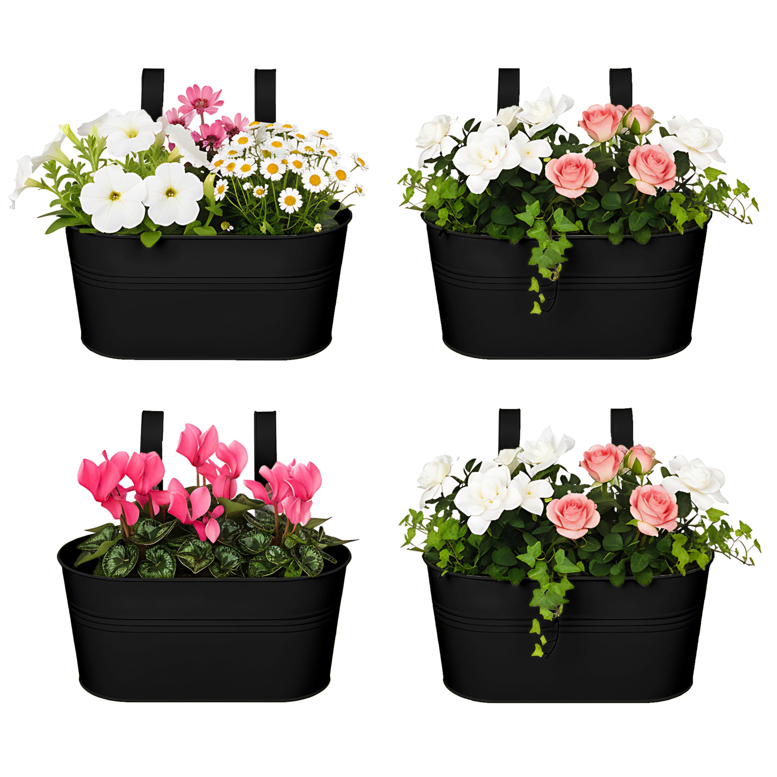 DIVCHI 4PCS Heavy Duty Metal Hanging Plant Pots 30cm Fence Railing Planters with Detachable Hooks Balcony & Garden Flowerpots with Drainage Hole Outdoor & Indoor Décor Planters (Black)