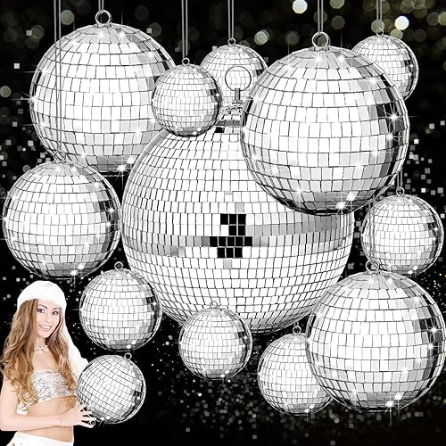 Beeveer 12 piezas de bola de espejo grande de discoteca, bola de espejo, decoración de fiesta de discoteca, juegos de bolas colgantes plateadas,