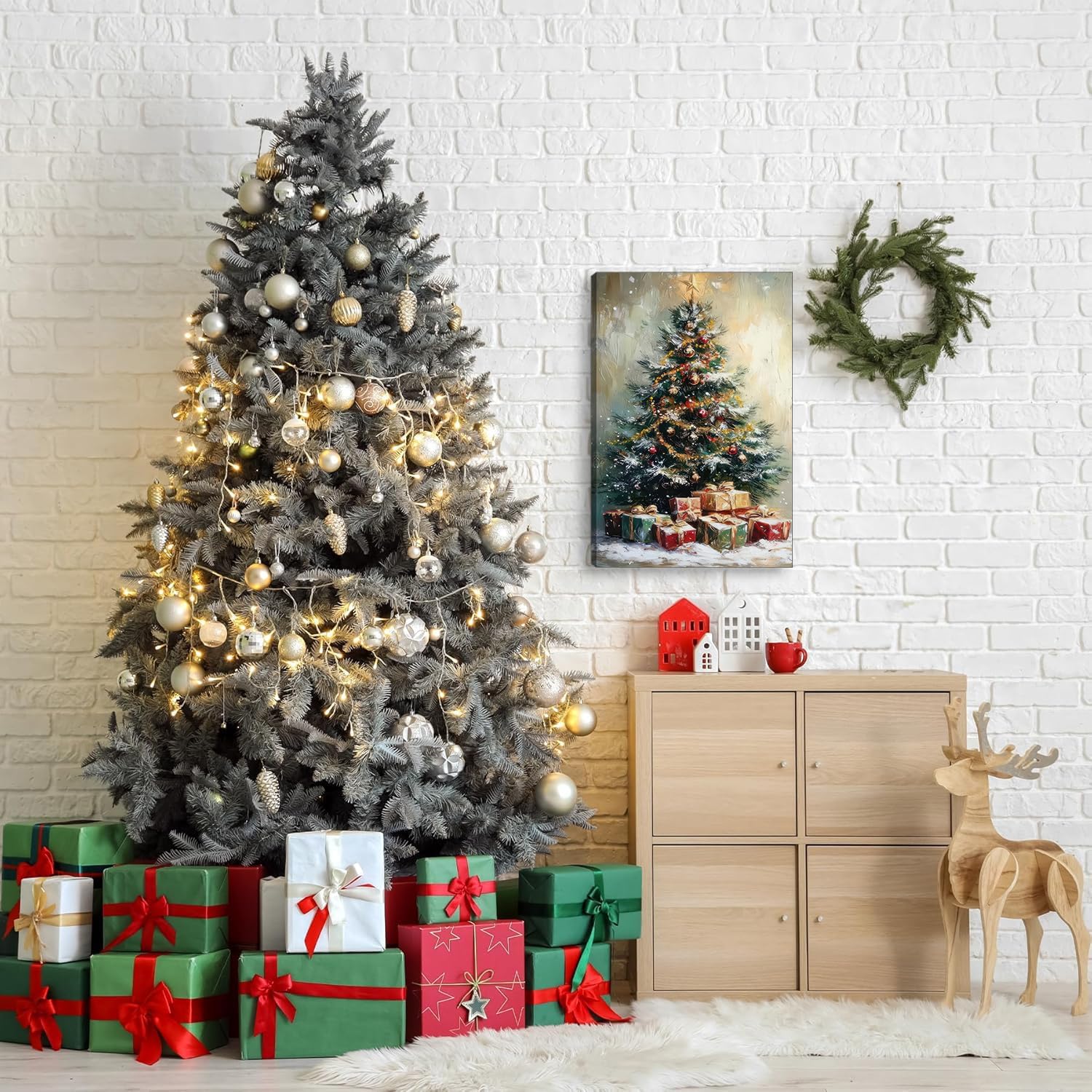2D No Texture Christmas Tree Canvas Wall Art, Winter Snowy Painting Poster, Christmas Tree Pictures for Wall Living Room Bedroom Home Decoration 16*24 in (Stretched Canvas on A Wooden Frame)