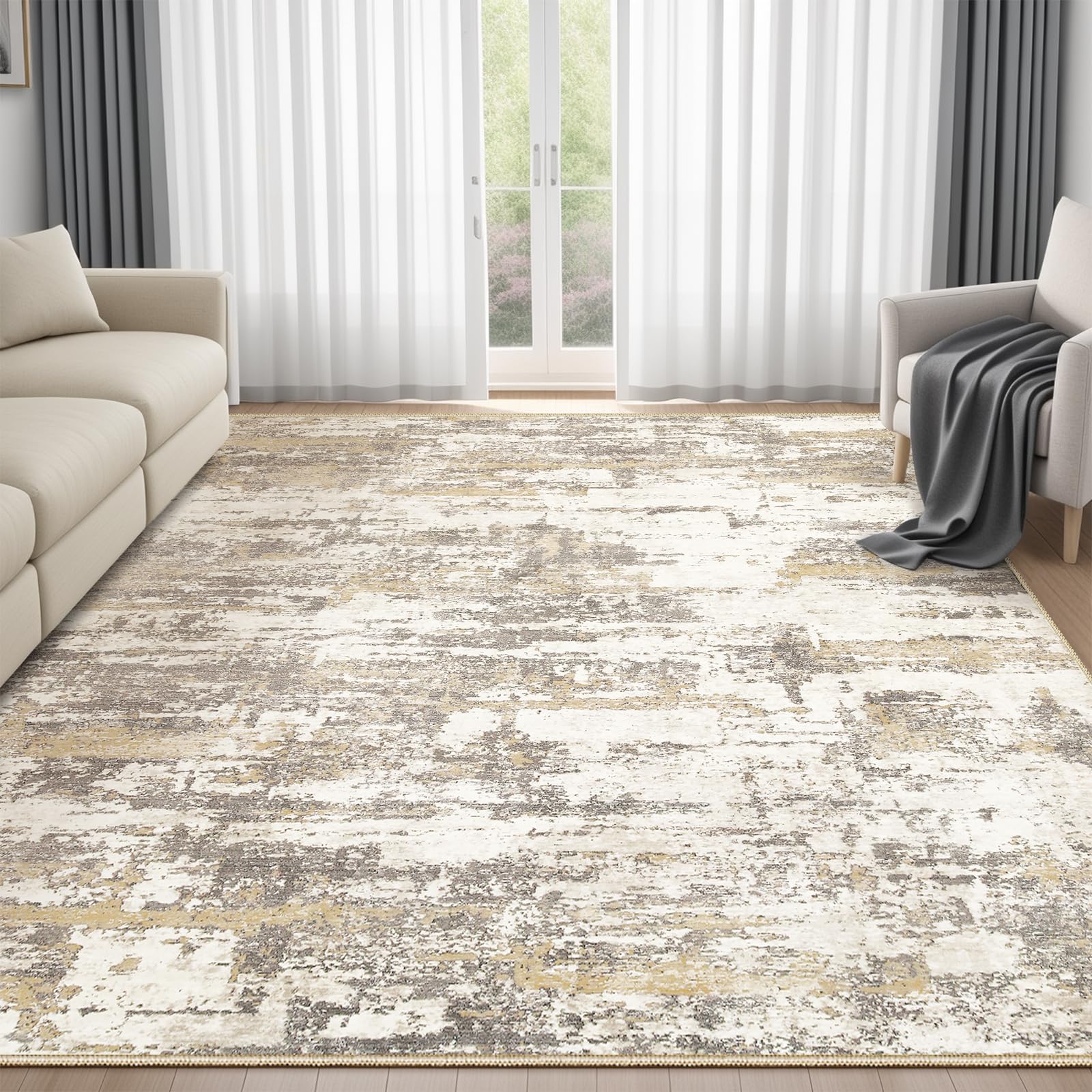 Area Rugs for Living Room: 6x9 Abstract Washable Rug Modern Neutral Large Soft Stain Resistant Non-Slip Backing Machine Table for Bedroom Dining Room Indoor Home Office Carpet - Gold BrownOEKO-TEX STANDARD 100