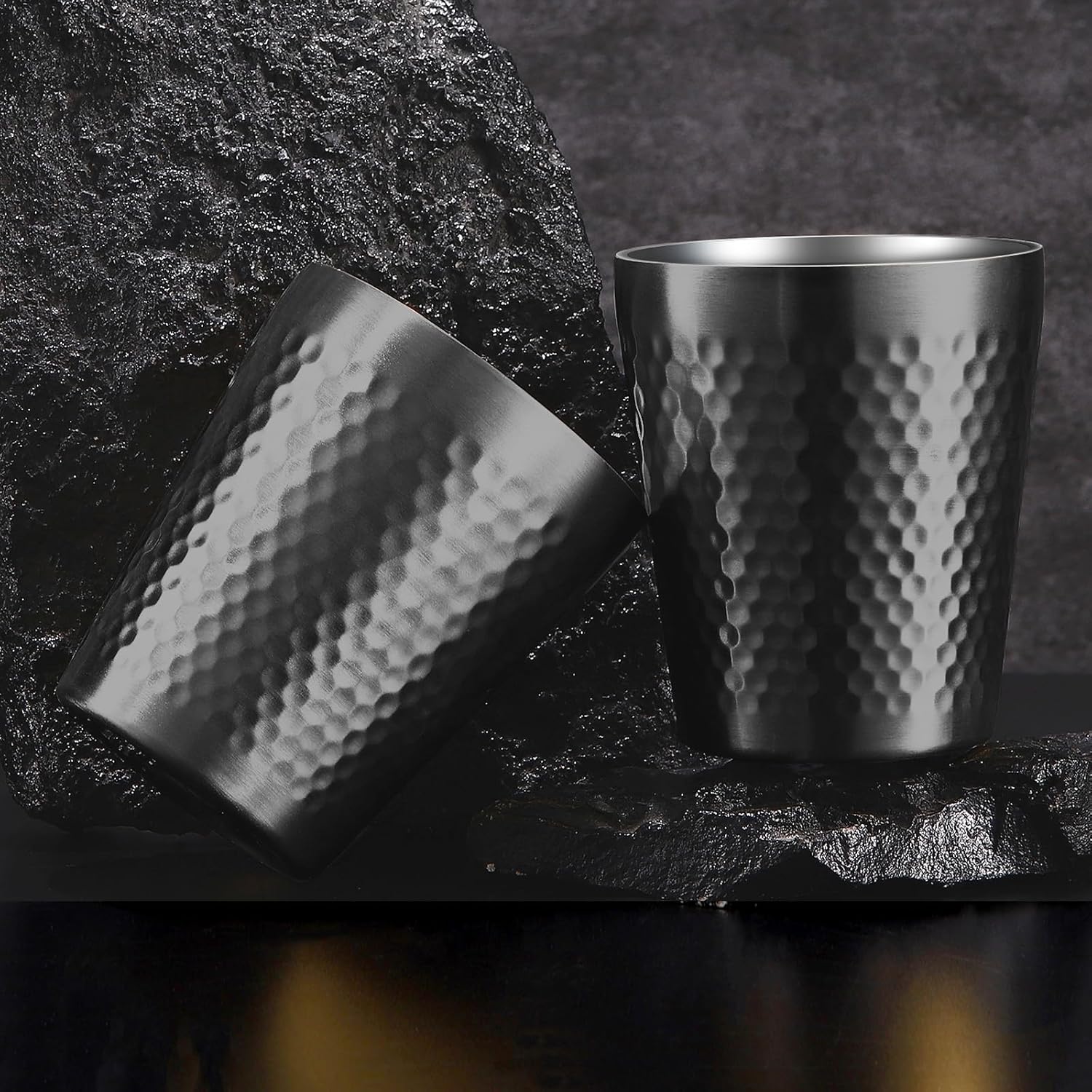 Stainless Steel Cups 2 Packs 10oz/300ml Stackable Double Wall Insulated Metal Shatterproof Cups Titanium-Plated Diamond Textured Surface Heat Resistant Dishwasher Safe (Black) - Image 4