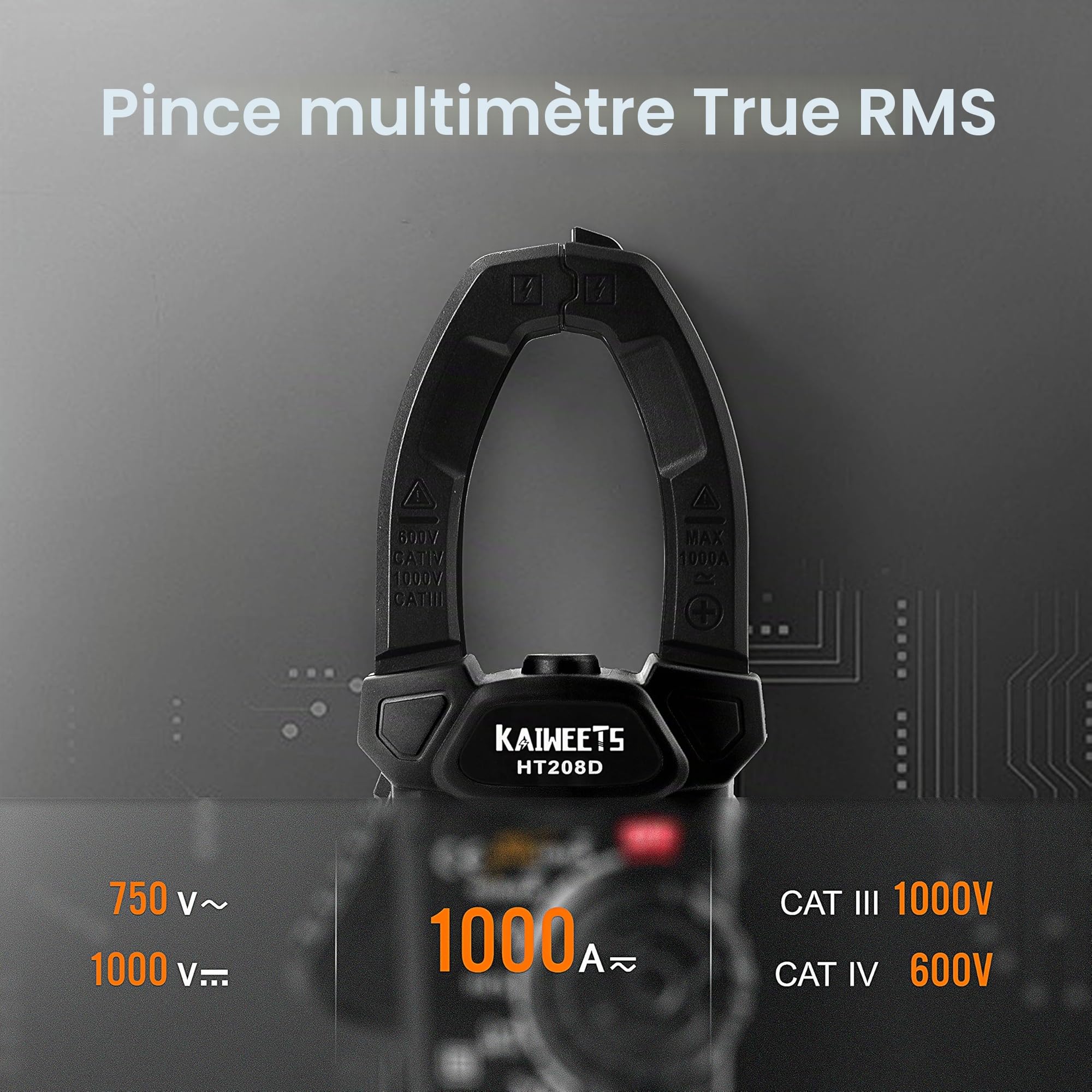 KAIWEETS Pince ampèremétrique 1000A AC/DC, Pince ampèremétrique professionnelle True-RMS, VFD, mode LOZ, Mesurer le courant d'appel - HT208D