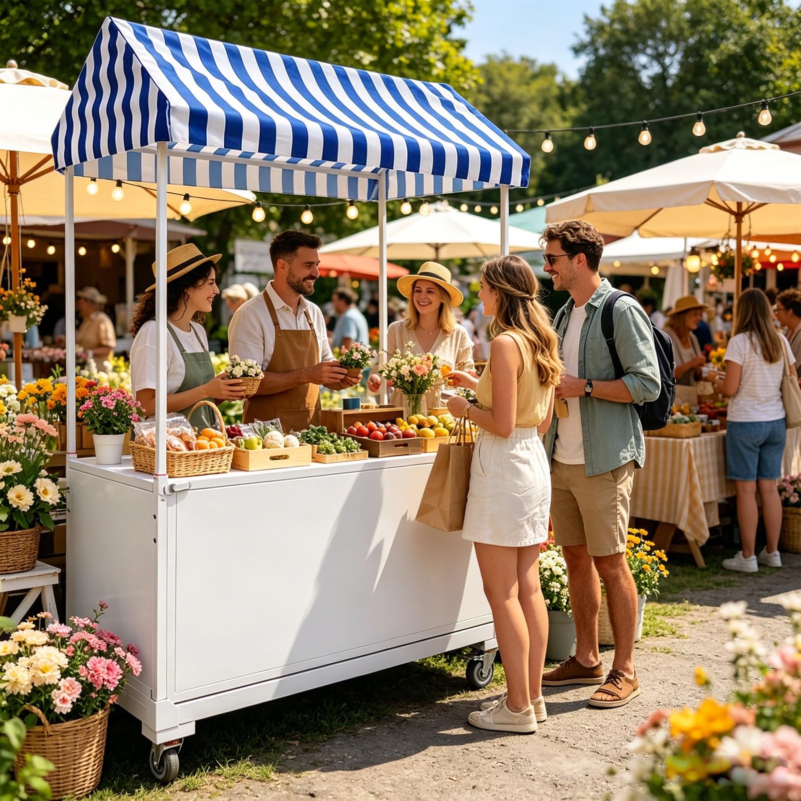 Carrello portatile per venditori, pieghevole, con tettoia e ruote bloccabili, struttura in ferro per eventi alimentari, larghezza 120 cm