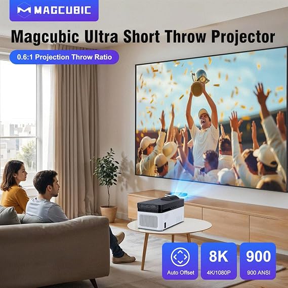 Full HD Ultra Short Throw Projector with Auto Shift 8K 4K 1080P 900ANSI BT5.4 Electronic Focus WiFi6 AllwinnerH716 Audio