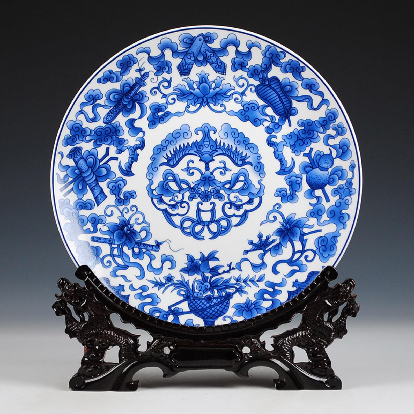 Assiette en porcelaine de Jingdezhen 26 cm, artisanat d'art bleu et blanc