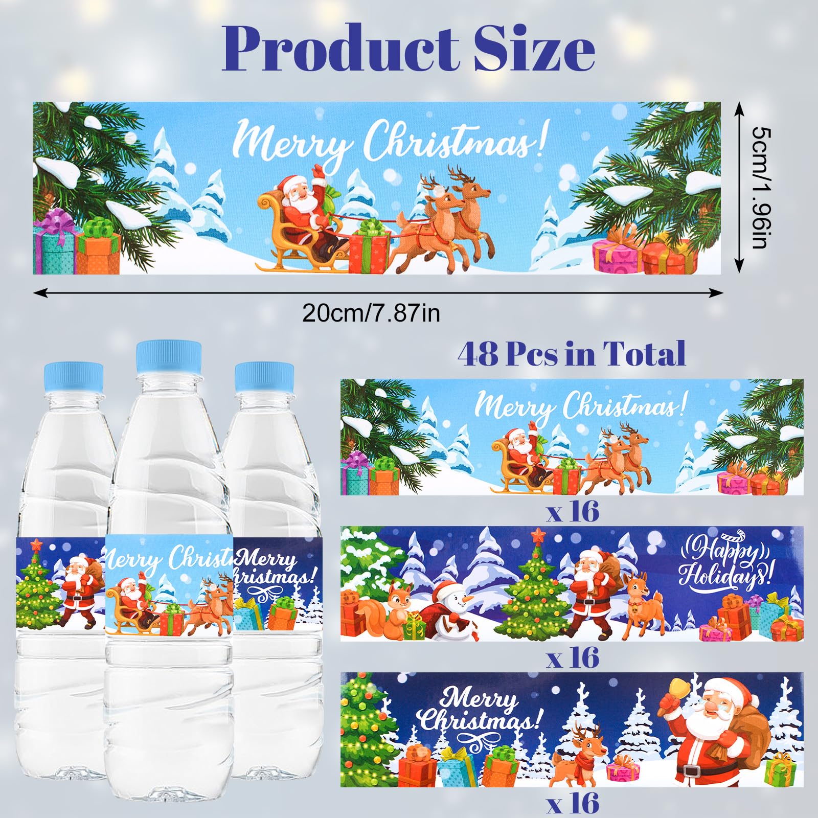 URROMA 48Pcs Merry Christmas Water Bottle Labels 3 Designs Christmas Water Bottle Stickers Drinks Wrappers for Christmas Party Favors Decor Supplies