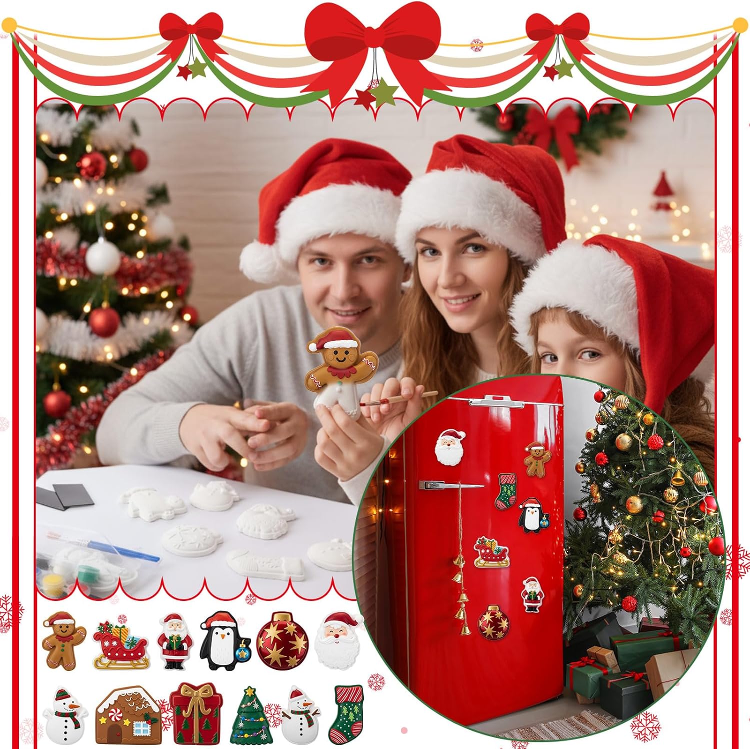 Zubebe 24 Sets Christmas Ceramics to Paint Kit Paint Your Own Ceramic Figurines DIY Xmas Santa Snowmen Gingerbread Men House Tree Refrigerator Magnets Art Unpainted Crafts Gift for Friend Family Adult