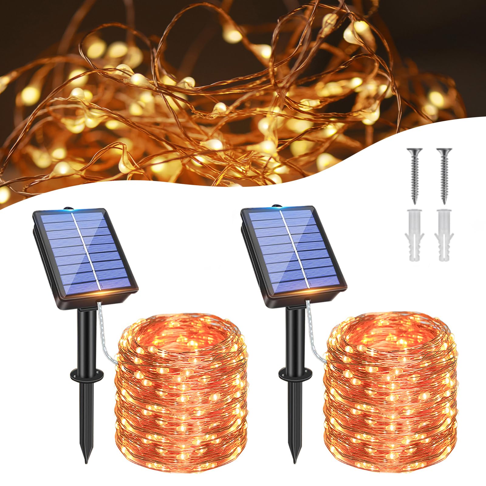 Meision Solar Lichterkette Aussen, 16M 160LEDs Kupferdraht Lichterkette Außen mit 8 Modi + IP65 Wetterfest, Solarlichterkette Weihnachtsbaum für Garten, Balkon, 2 Stück Warmweiß