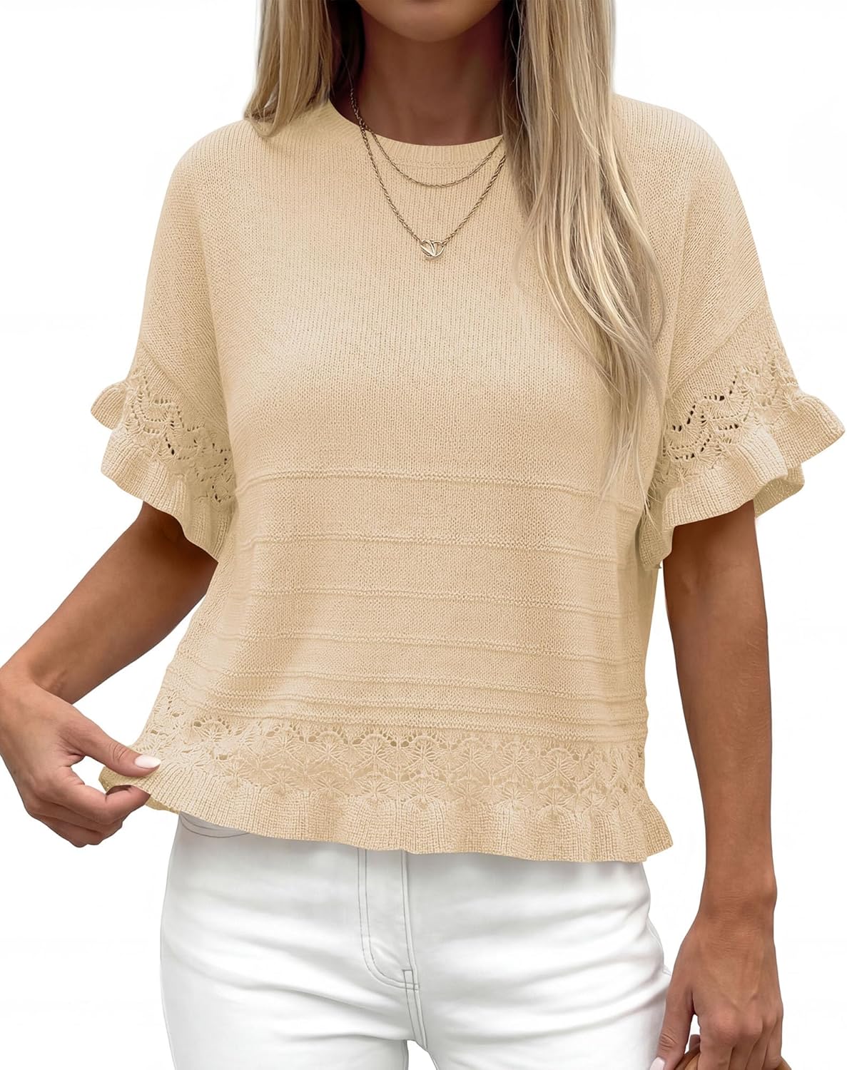 KIRUNDO Short Sleeve Sweater for Women 2026 Spring Summer Tops Crochet Round Neck Ruffled Hem Knit Pullover Casual Blouse - Image 4