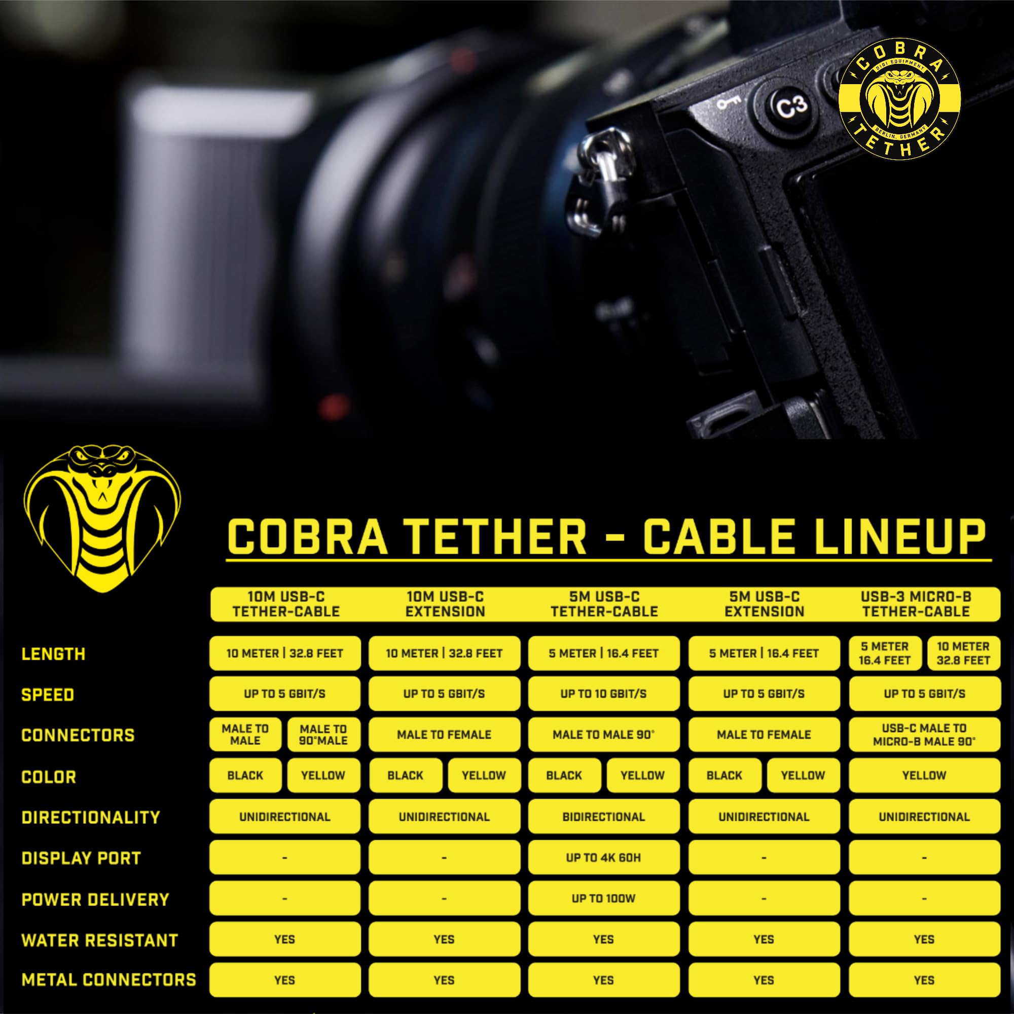 CobraTether Câble USB-C vers USB-C 90°, 5 m, Noir