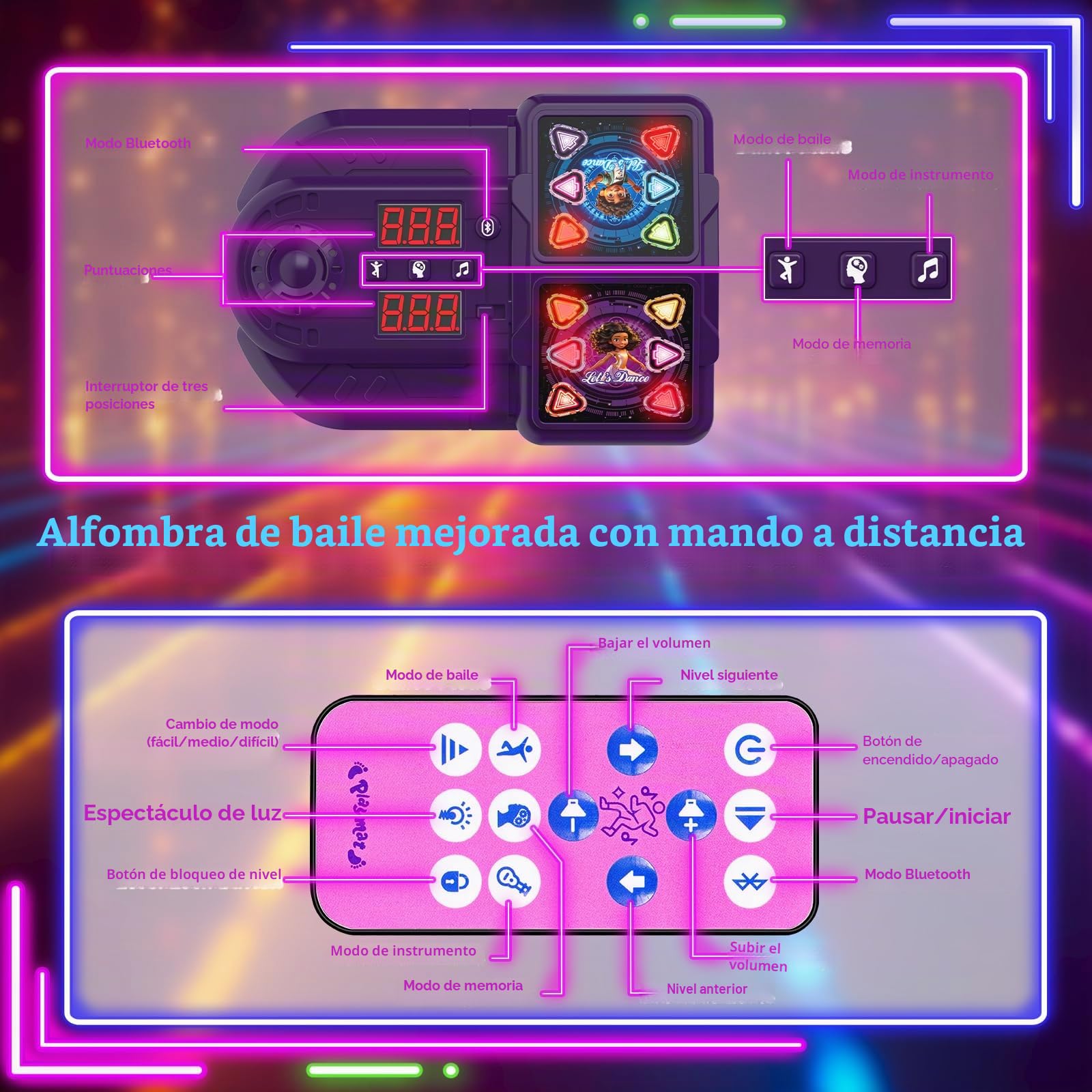 2-Jugadores Alfombra de Baile, 12 Botones Luminosos Alfombra de Baile con Bluetooth, Juguete Alfombra Música Niña 5 6 7 8 9 10 Años, Juegos Regalo Cumpleaños Navidad para Niñas Niños 6-7 9-10 Años