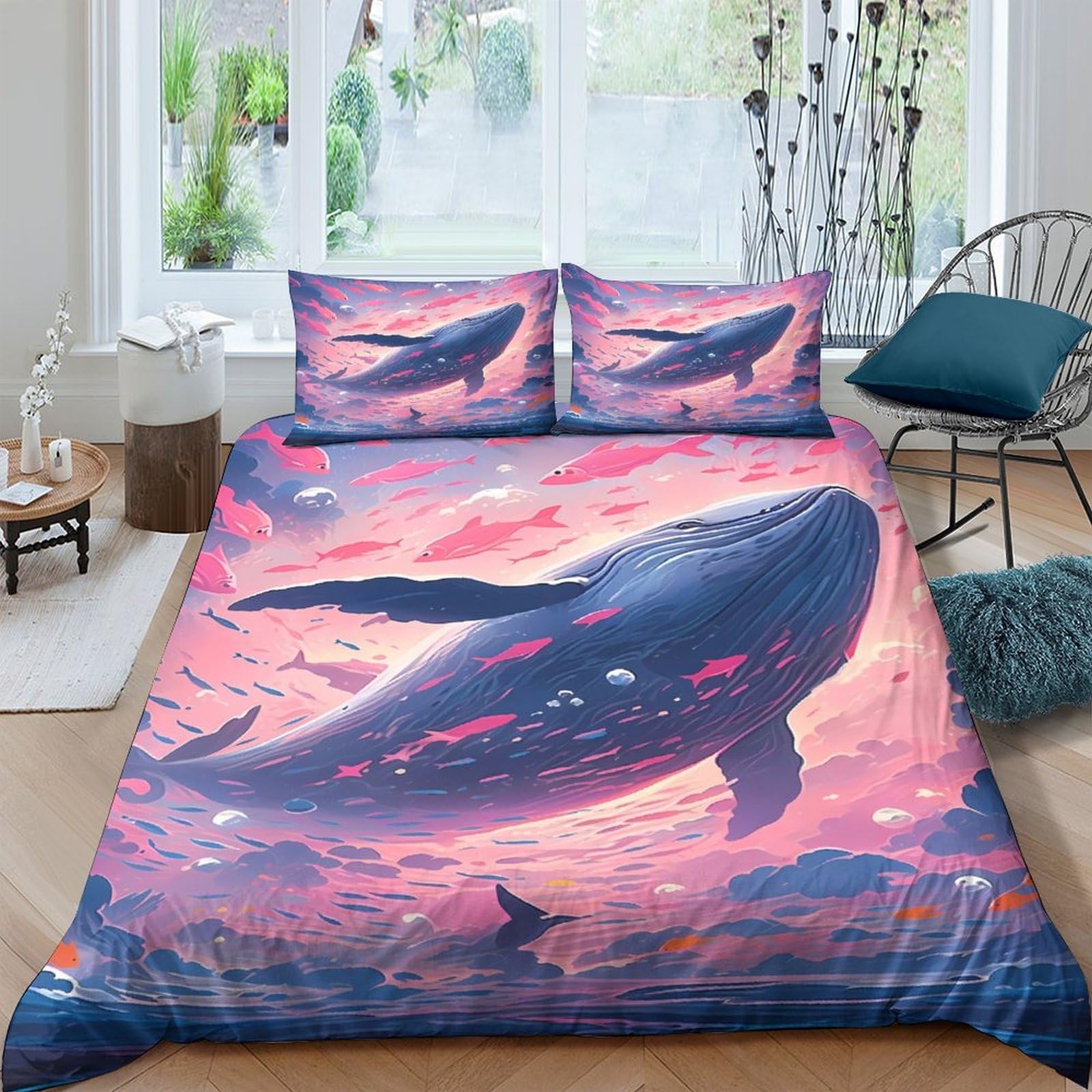 Ctjqhvkz Style-4 3D Printed Ocean Whale Fitted Sheet Microfiber Soft Blue Sunset Sky Mattress Cover For Bedroom Guest Room Dorm Decor Single（135X200cm）