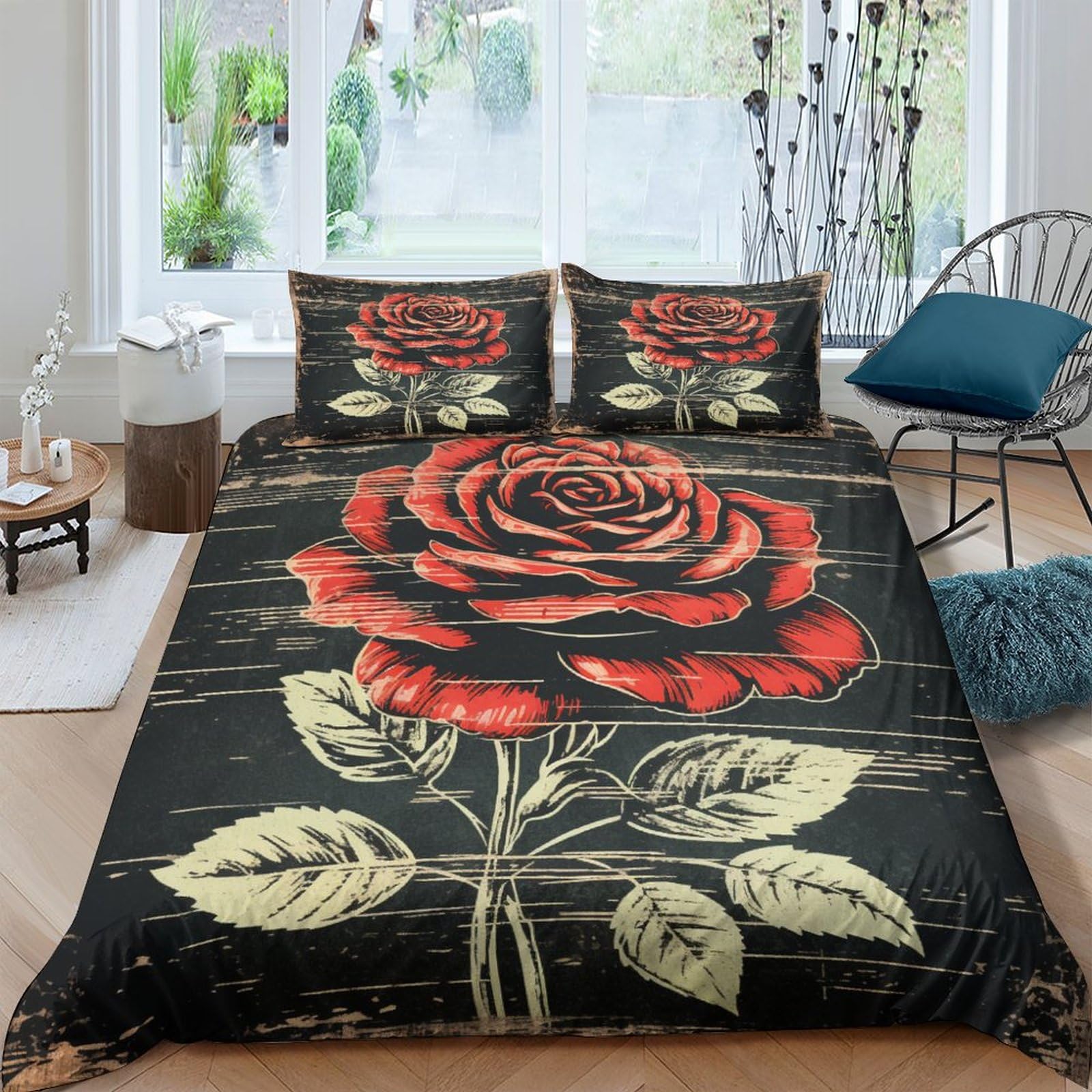 Housse de couette roses anciennes style vintage avec taies d'oreiller 200x200 double