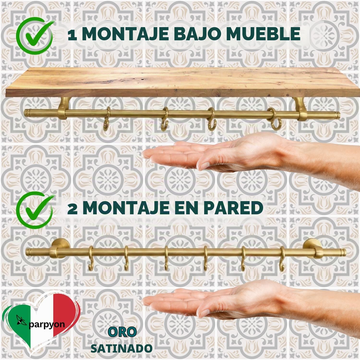 parpyon Soporte para utensilios de cocina con ganchos, barra para utensilios de cocina de aluminio para utensilios de cocina con tapa y cucharón (dorado satinado, 40 cm)
