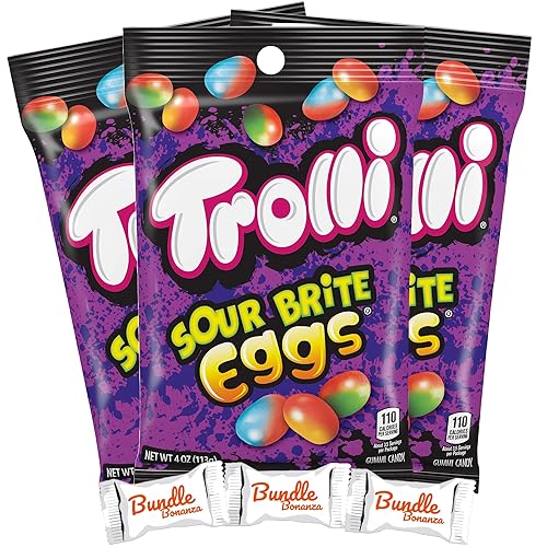 Trolli Sour Brite EGGS, gomitas surtidas, 4 onzas cada una (paquete de 3) con paquete de dulces Bonanza