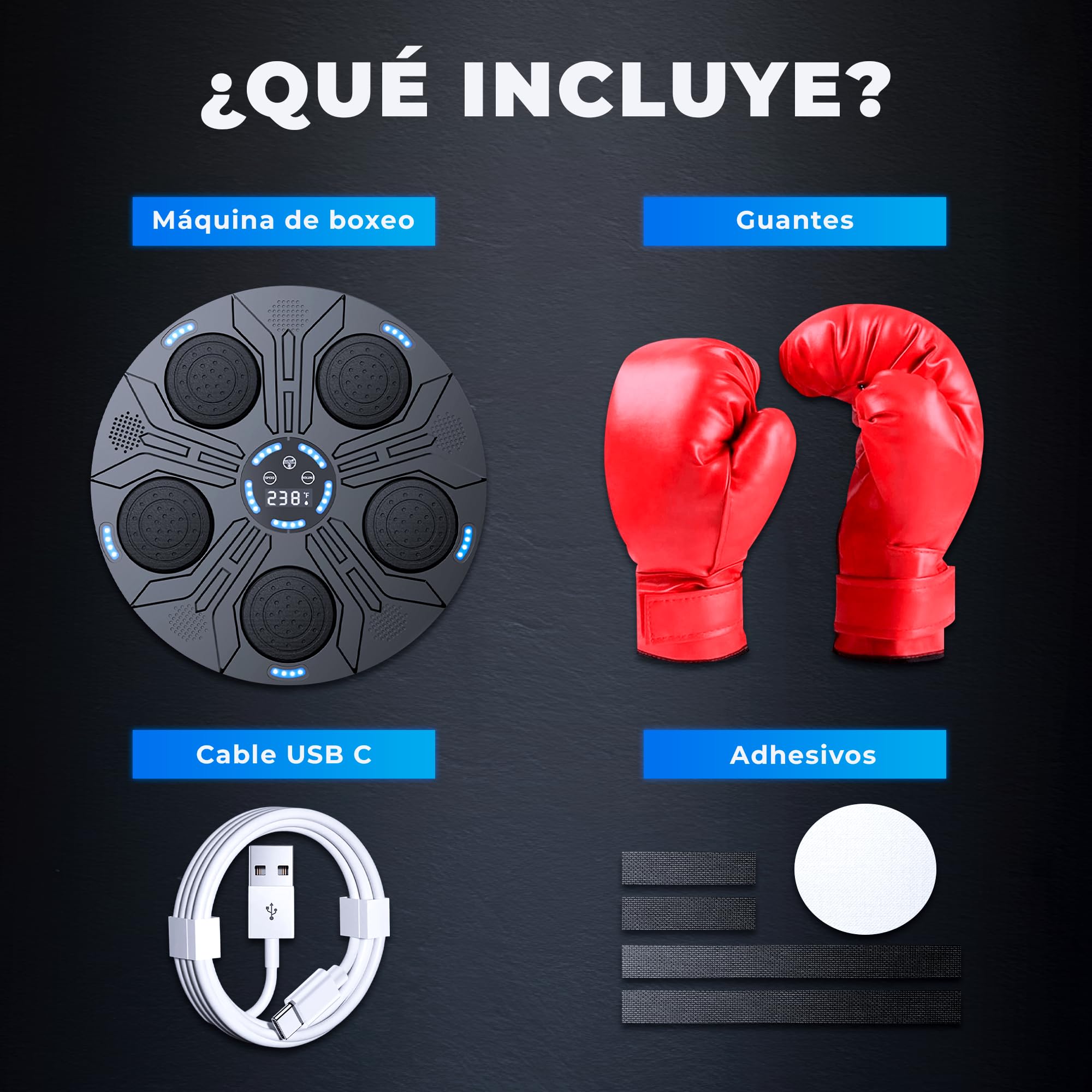 JUPPLIES Maquina de Boxeo Musical para Pared – Kit Boxing con Guantes, Diana Electrónica, Luces LED, Musica Bluetooth y 9 Modos Ajustables para Entrenamiento en Casa
