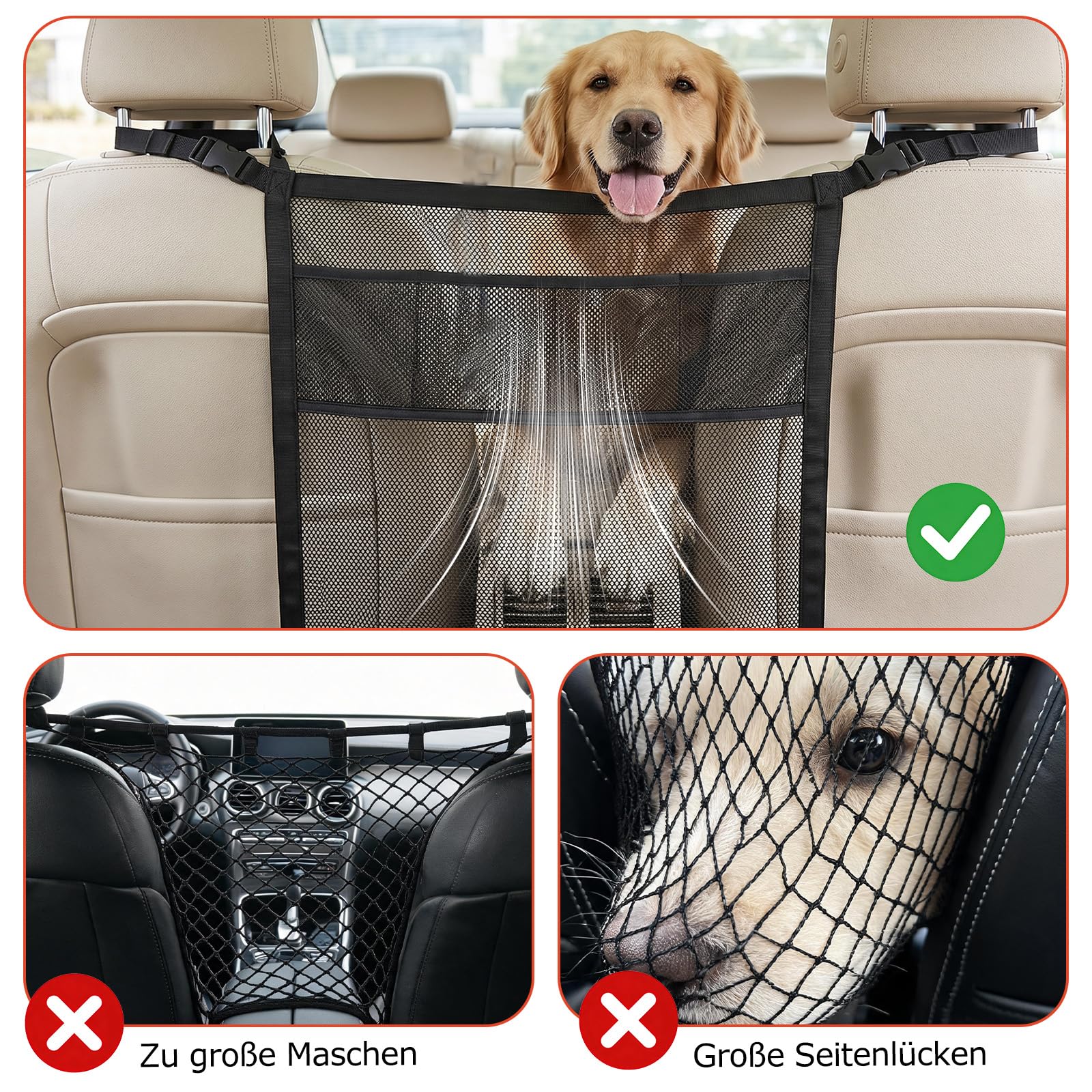 Hundegitter Auto Mit Aufbewahrungstaschen Universal Trennnetz Hund, 69*56cm | Hundenetz Auto Rückbank|Auto Hunde Rückbank Barriere|Auto Hundenetz Sicherheitsnetz|Gepäcknetz Kofferraum Netz|Netz Innenraum