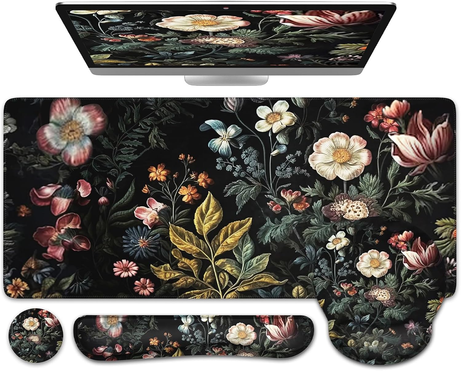 iCasso Desk Cover Mat, 4in1 Floral Large Mouse Pad with Wrist Rest, Desk Matt for Desktop, Anti-Slip XXL Big Computer Ergonomic Mousepad with Wrist Support for Keyboard and Mouse (Elegant Flowers) Elegant-Flowers