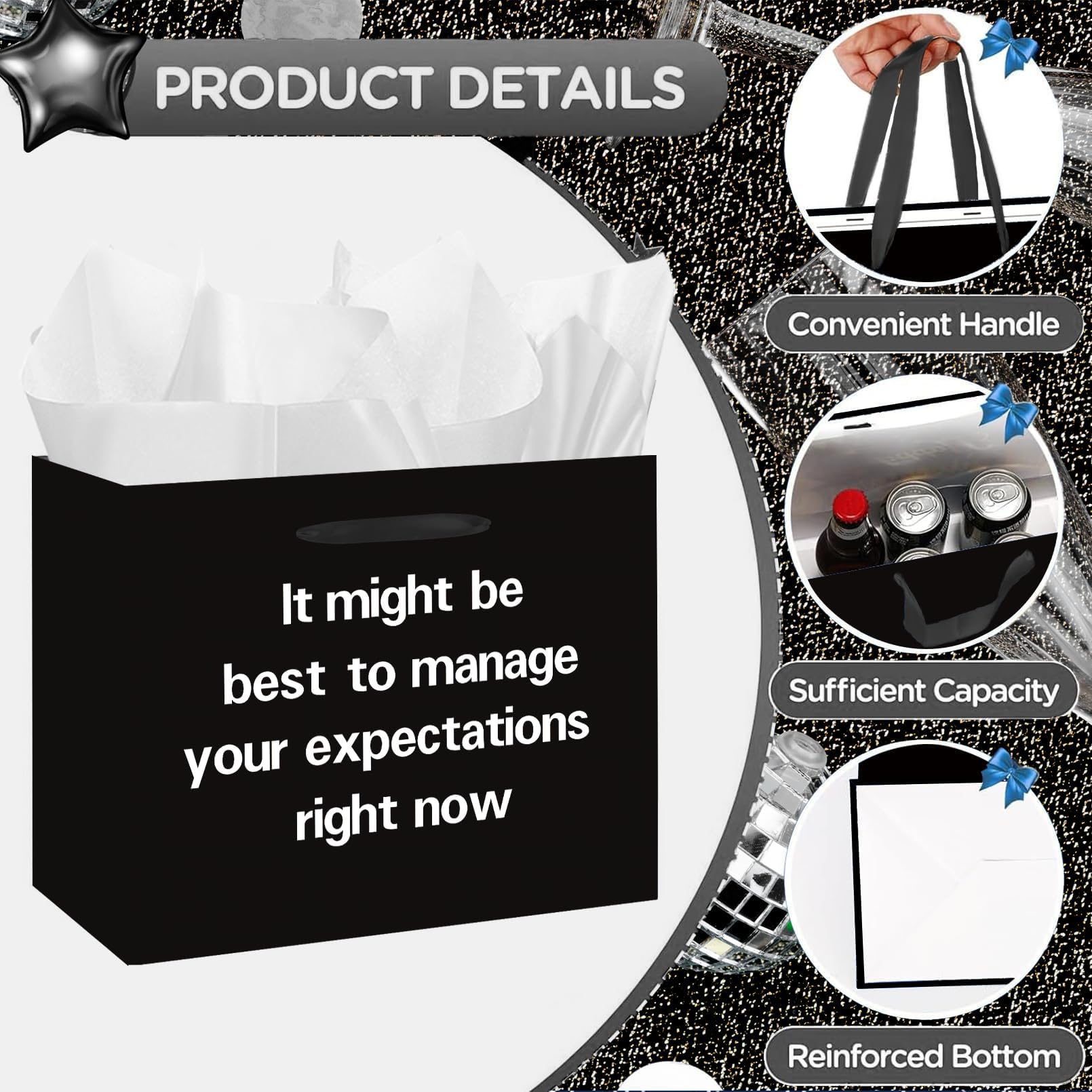 SolarGlory Black Funny Gift Bag with Card and Tissue Paper - Sarcastic Manage Your Expectations Design - White Wrapping Paper - Perfect for Prankgifts, Officegifts, Birthday & Humor Enthusiasts