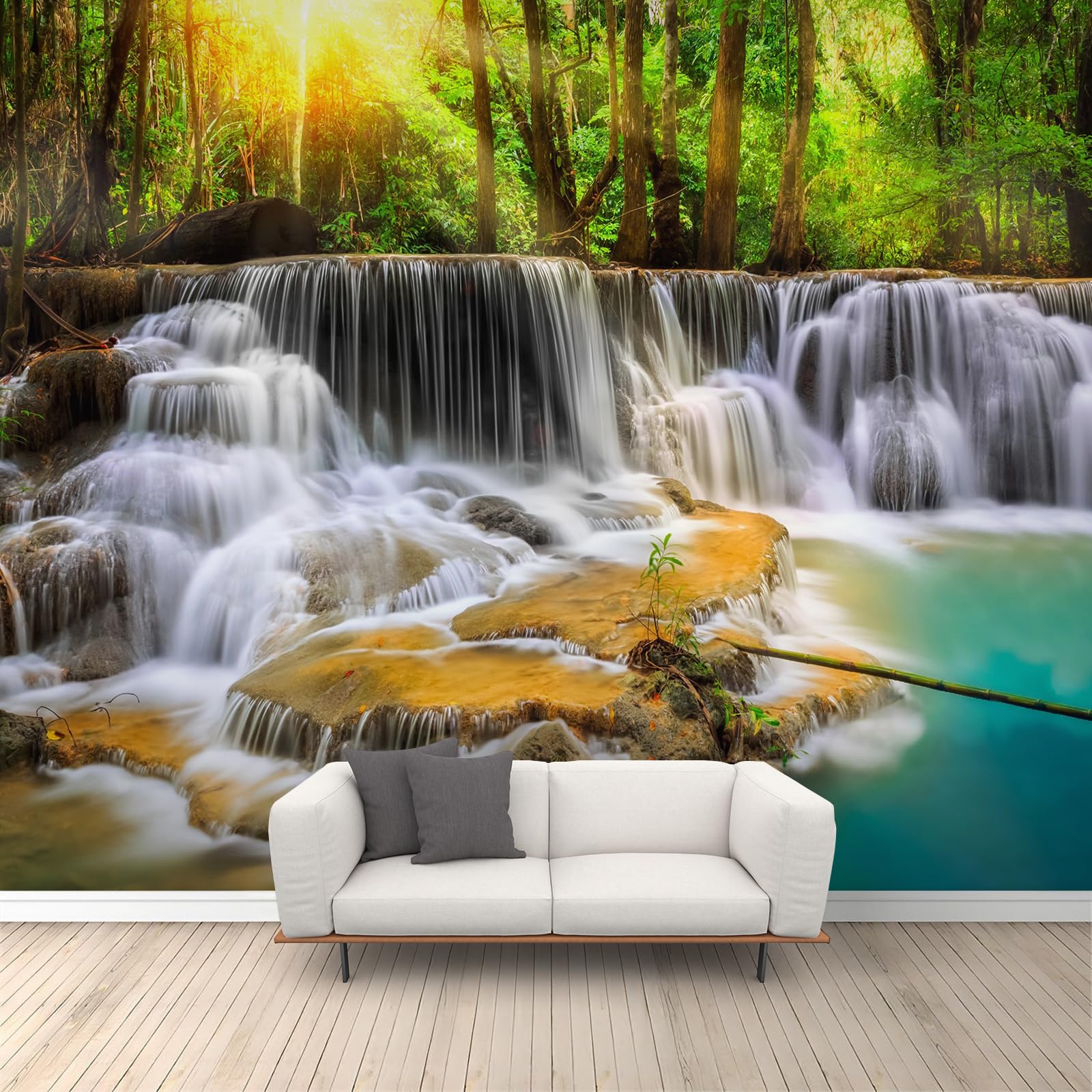 Papier peint photo cascade et ruisseau forêt ensoleillée 450x305 cm