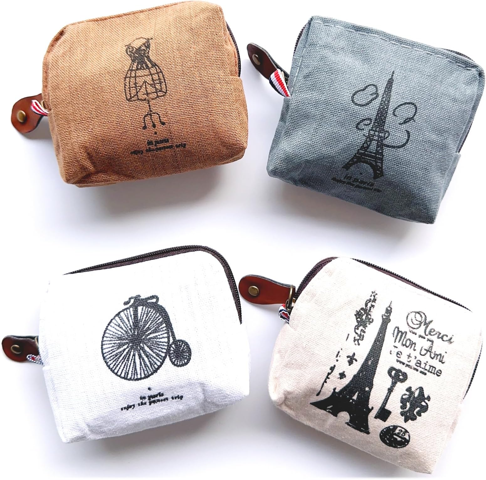 Canvas Coin Bags Women's Small Change Cash Purse Wallets (Set of 4, Paris)