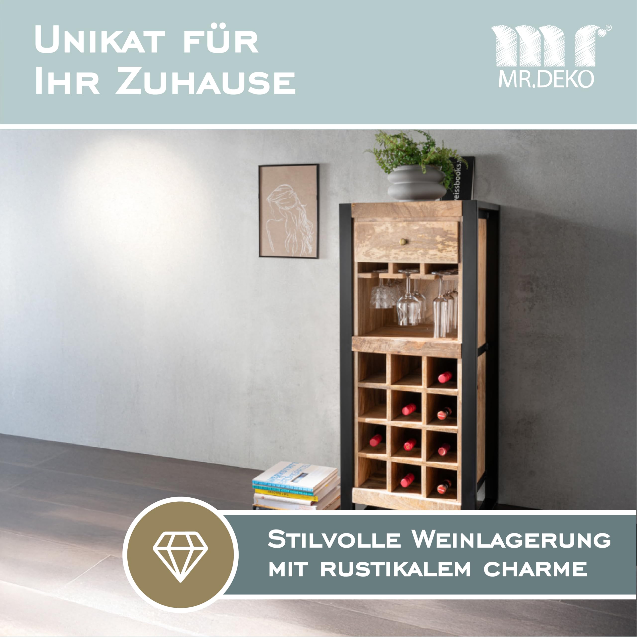 MR. DEKO® Exklusive Wein Kommode aus Mango Holz | Weinschrank mit Stauraum & Hängeeinsatz | Industrial Look Bar Regal | (Wein) Flaschen-Regal für 12 Flaschen | Vintage Design | 51x40x120cm