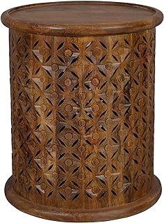 Decker Distressed Hardwood Global Drum End Table, Mango, Medium 19"