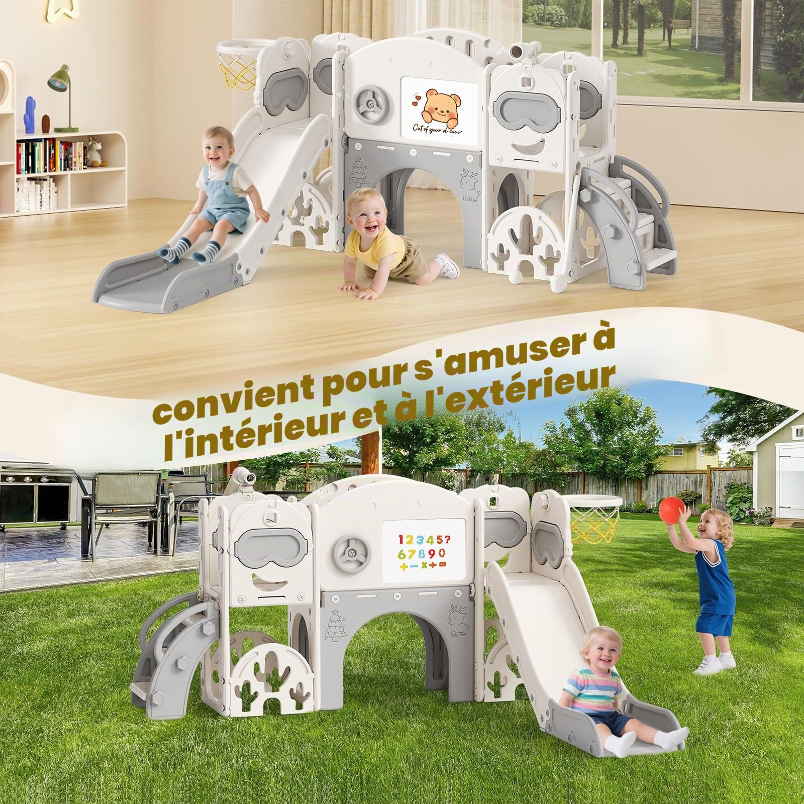Toboggan 11 en 1 pour tout-petits, toboggan d'intérieur et d'extérieur avec panier de basket, golf, jumelles et espace de rangement, échafaudage sport autoportant pour enfants de 1 à 6 ans (toboggy