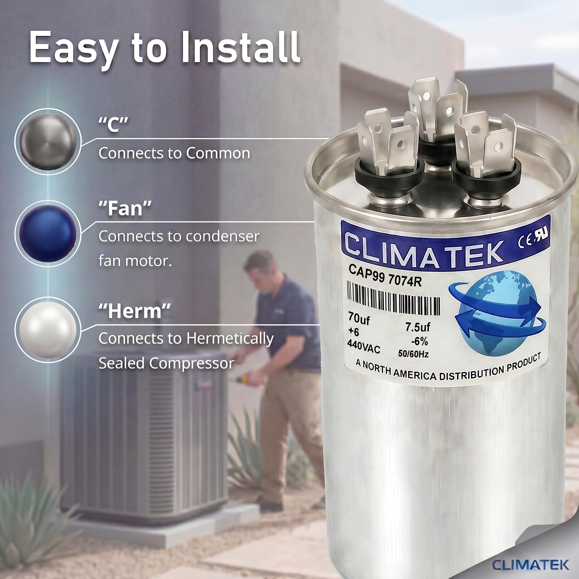 ClimaTek Condensador dual redondo para portador P291-7073RS - 70 + 7.5 uF MFD x 370 VCA