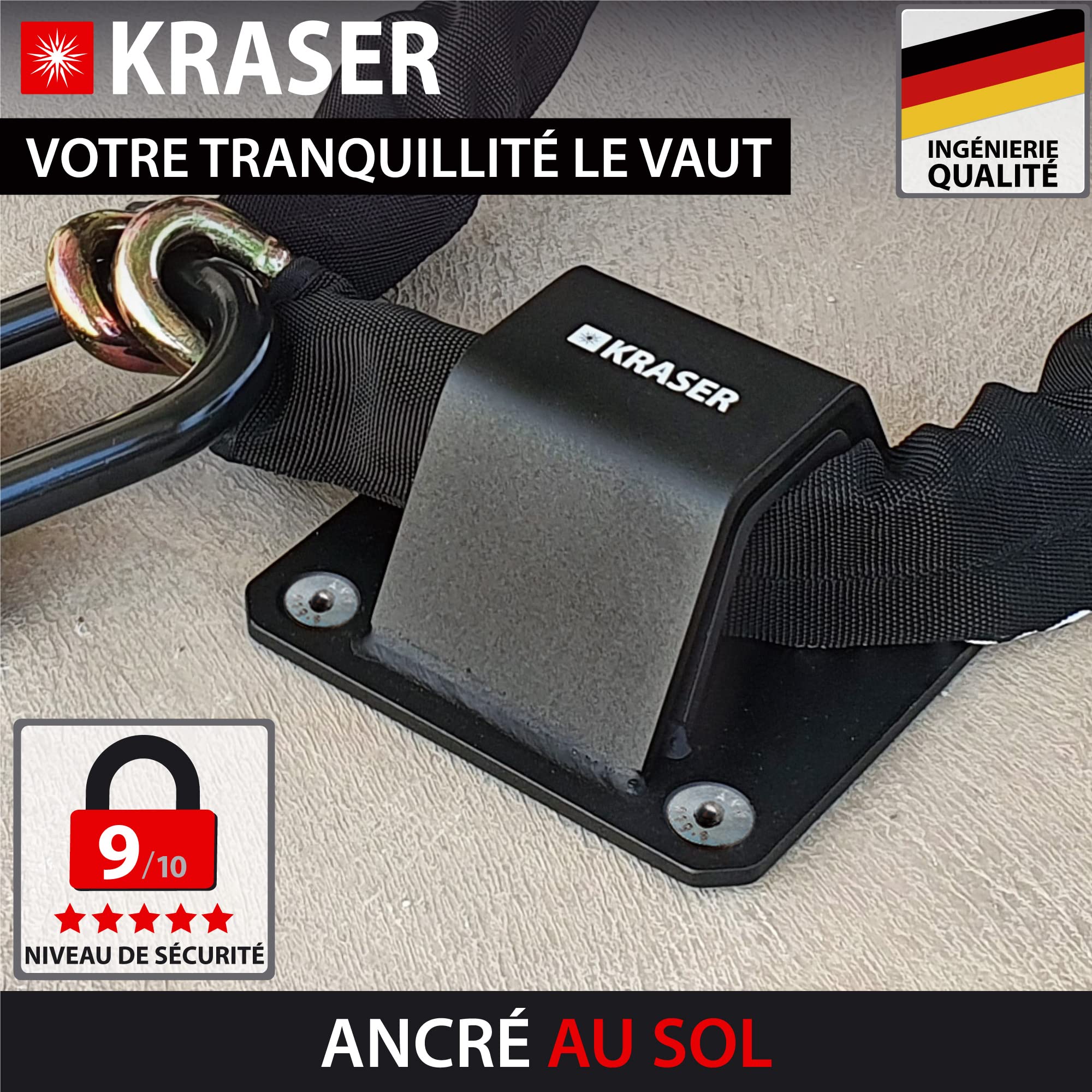 KRASER KR52B Ancrage au Sol et Mur Moto, Double Pont Anti-Attaque, Haute Sécurité, Boulons avec Bille Anti-Extraction, Acier Haute Résistance, Ancrage moto, Antivol de sécurite pour fixation moto velo