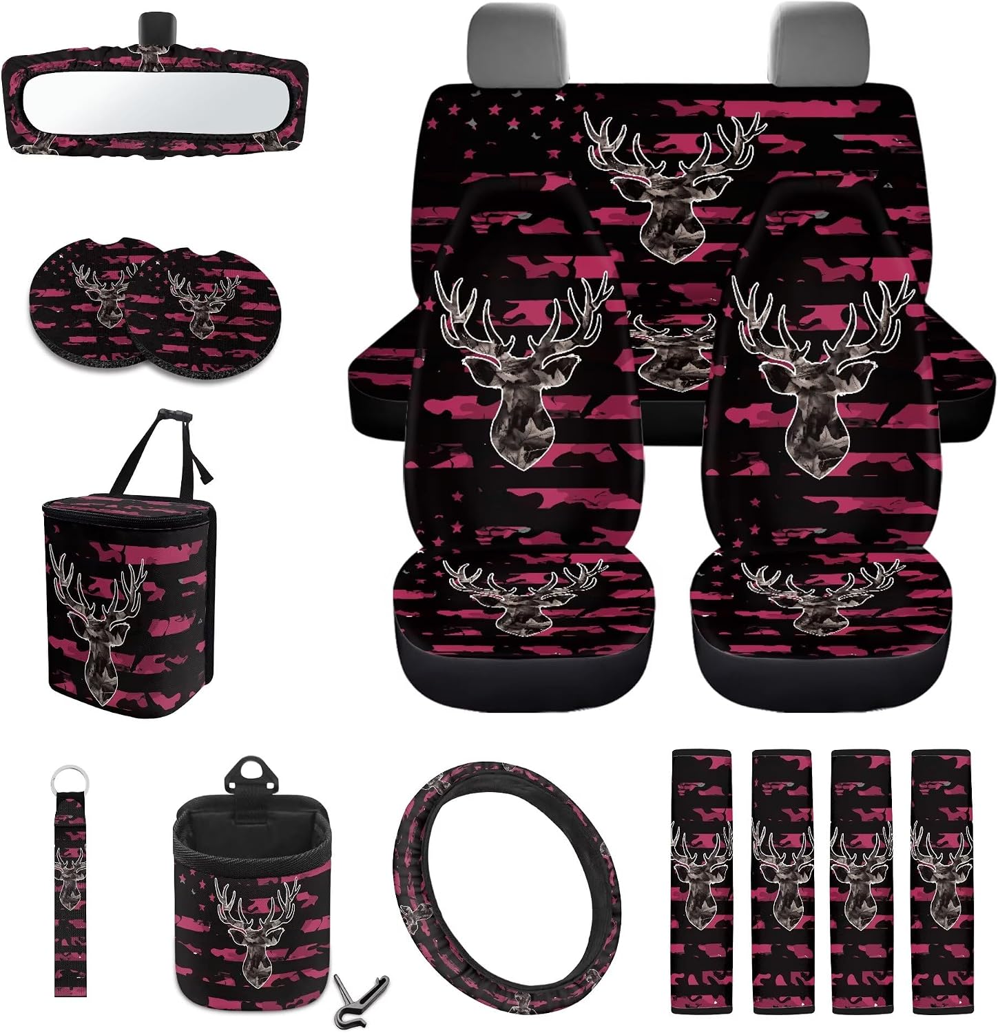 Camo American Flag Deer Print 15 Pack Car Accessories Set with Car Seat Covers Seatbelt Strap Pad Air Vent Storage Bag Steering Wheel Cover Rearview Mirror Cover Cup Holder Keychain