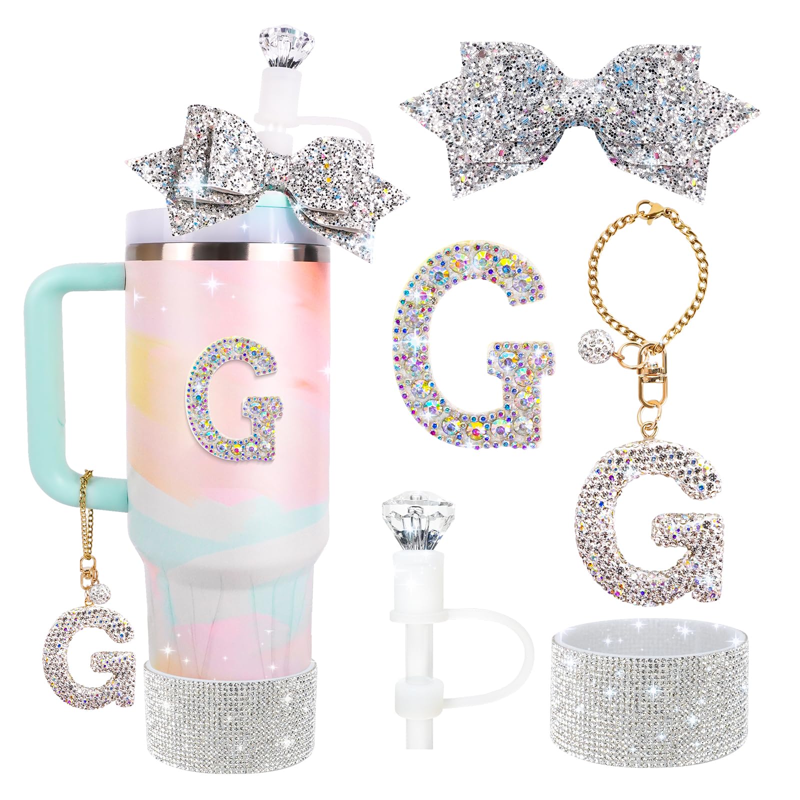 Lingdeer Water Bottle Accessories Set for Stanley Cup 30Oz 40Oz, Letter Charms, Diamond Straw Cover, Glitter Silicone Boot Sticker, Bow Straw Topper