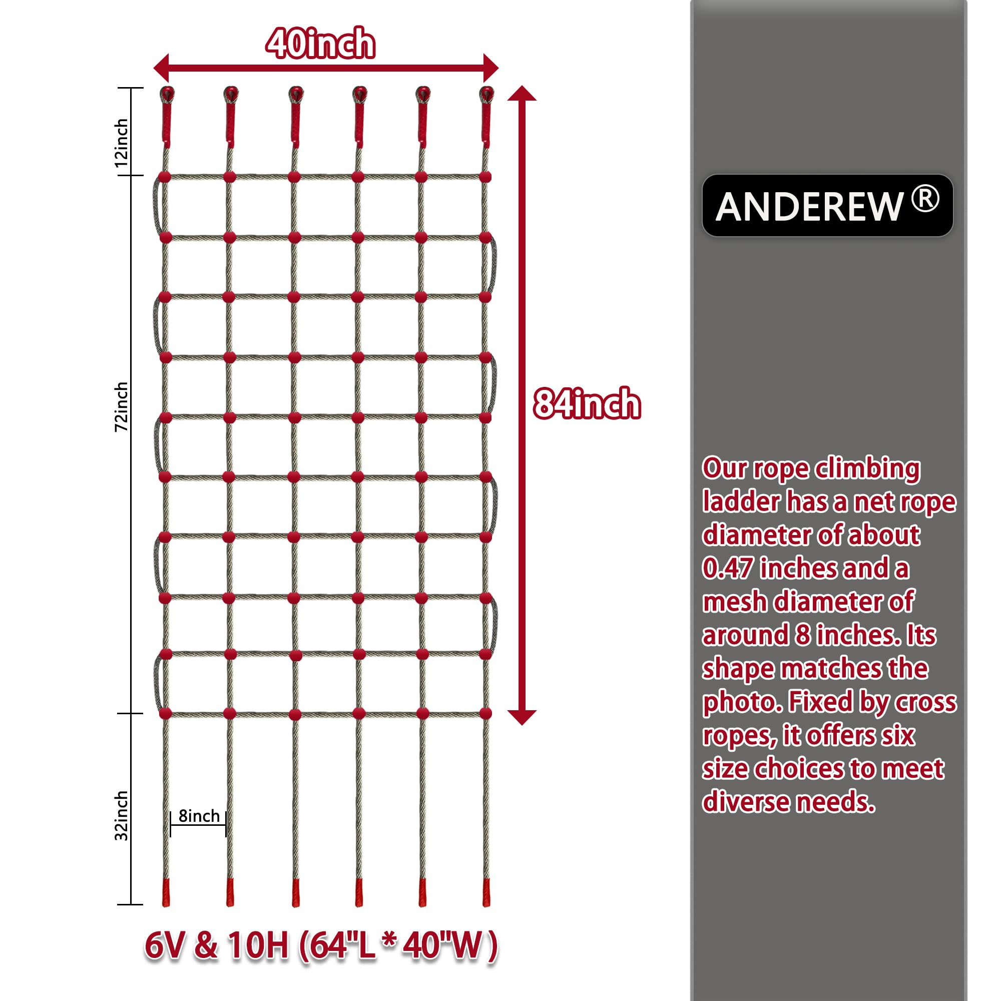 ANDEREW Premium Heavy-Duty Climbing Net & Rope Ladder - 6 Sizes, Versatile for Indoor/Outdoor, Kids' Jungle Gyms, Swingset, Treehouse, Safety Protection Net (5V & 8H (68