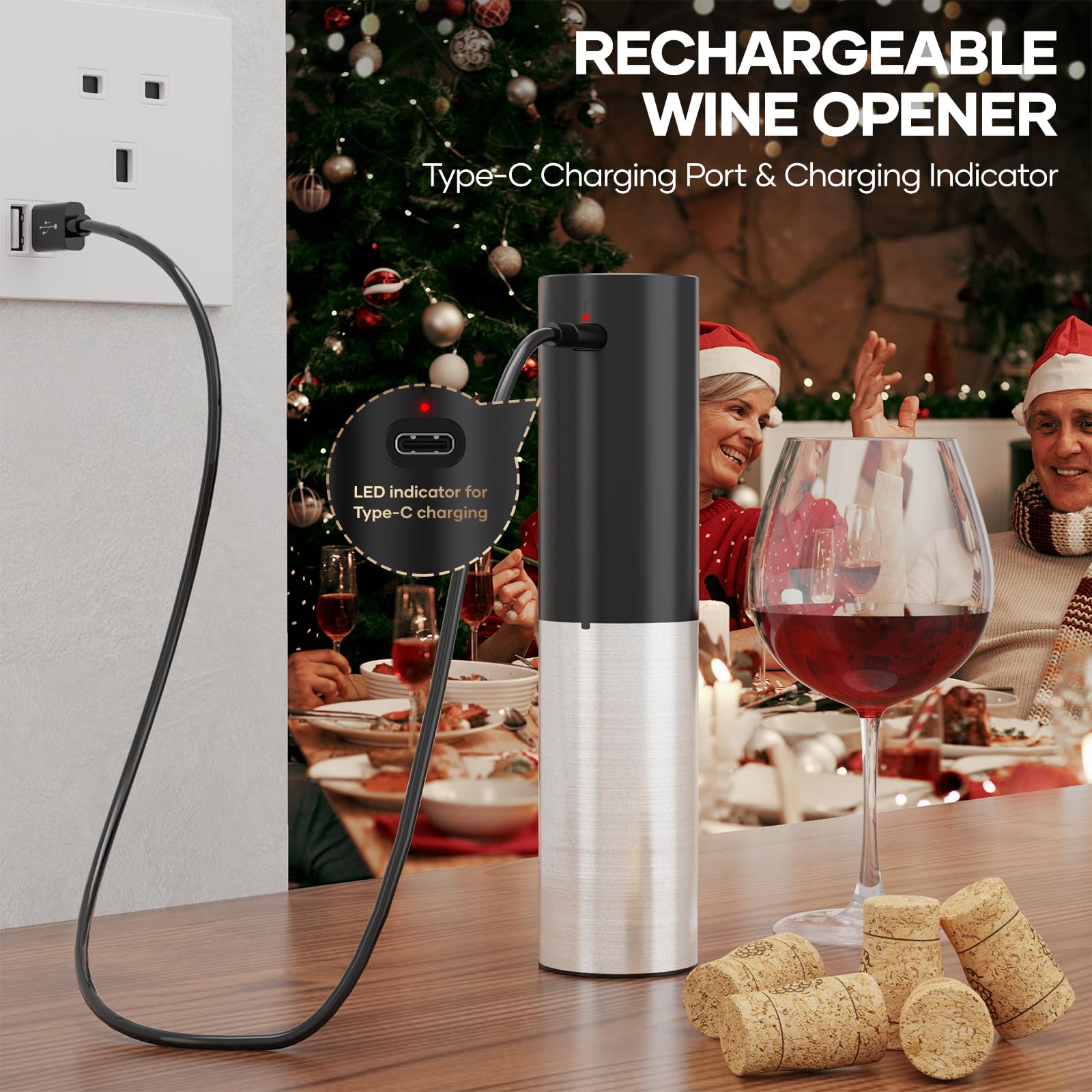 Electric Wine Opener, Automatic Electric Wine Bottle Corkscrew Opener with Foil Cutter Aerator Pourer Vacuum Stopper, Rechargeable Wine Opener Set, Gift For Fathers Day Housewarming Birthday