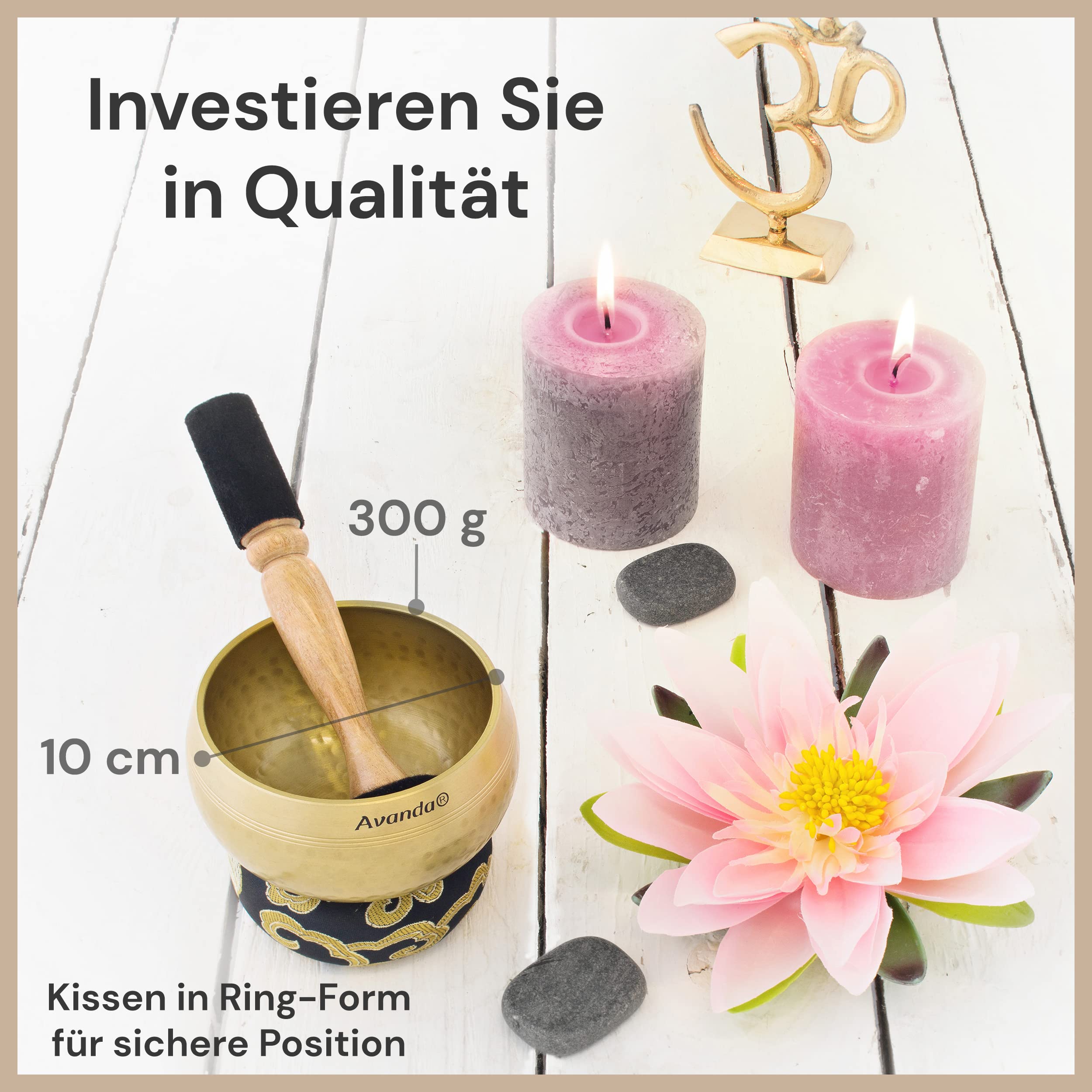 Tibetisches Klangschale-Set für Yoga, Meditation und Entspannung - gehämmerte Tibetische Klangschale Ø 10 cm, Doppel-Schlägel mit Filz und Leder, Ring-Kissen, Beutel und Anleitung
