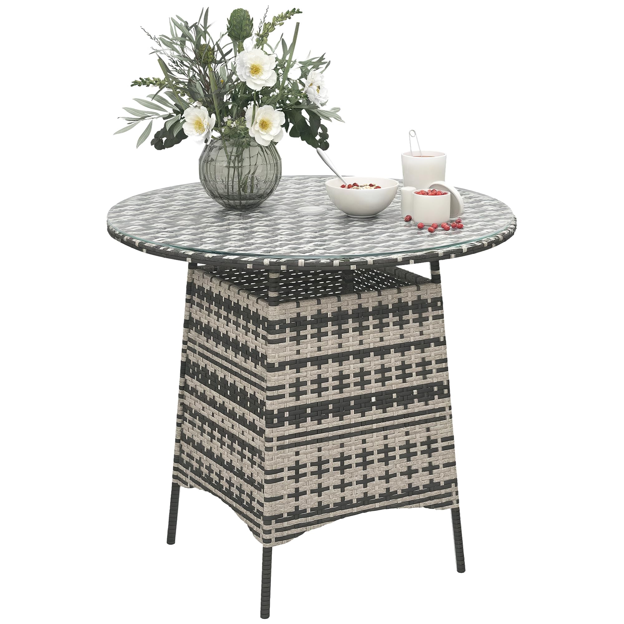 Outsunny Wicker Garden Rattan Table Umbrella Hole Tempered Glass Top Grey